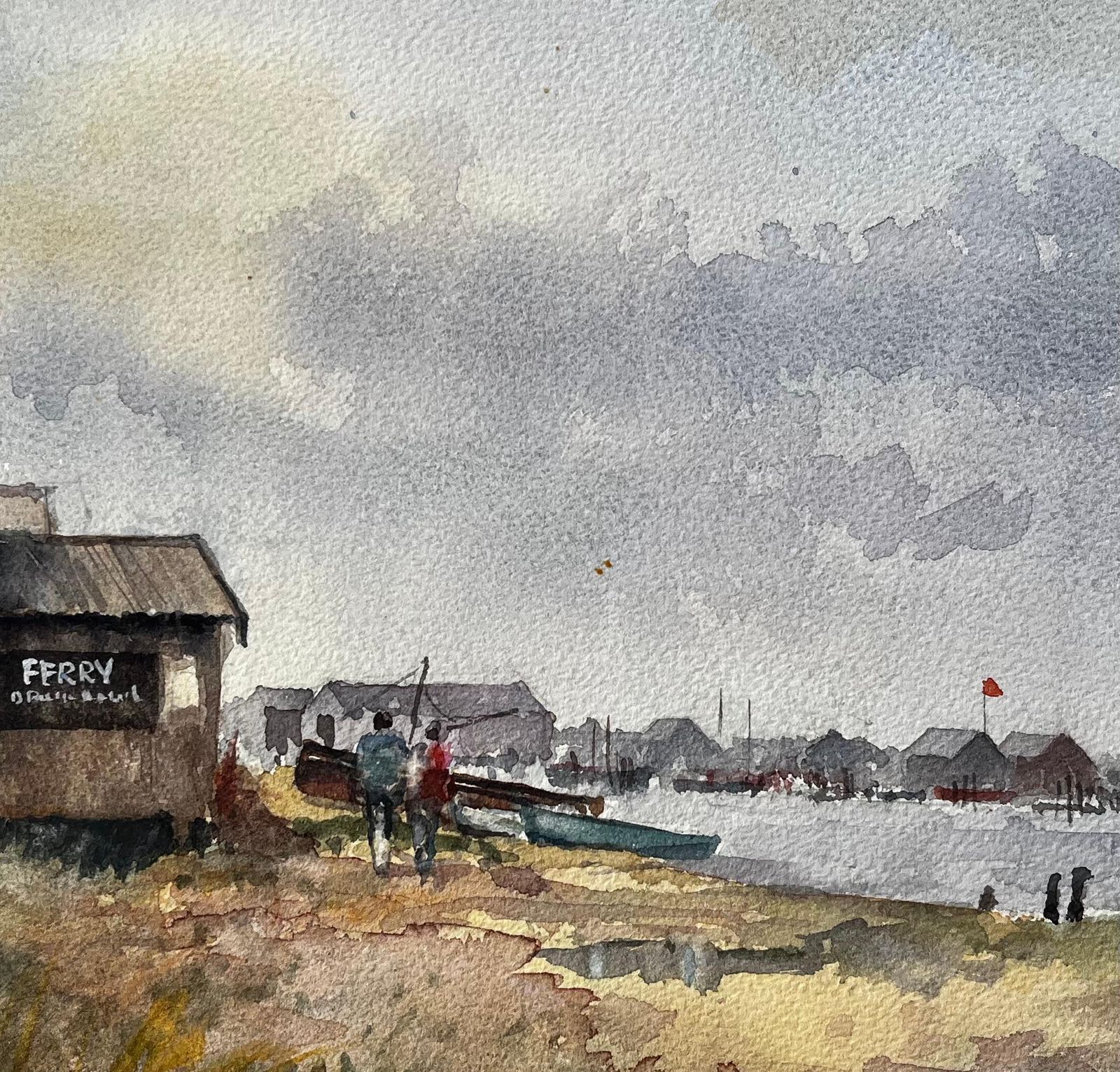 Anthony Herbertbritish Estuary Ferry Shed And Distant Harbour With Figures Watercolour Painting photo vinterior