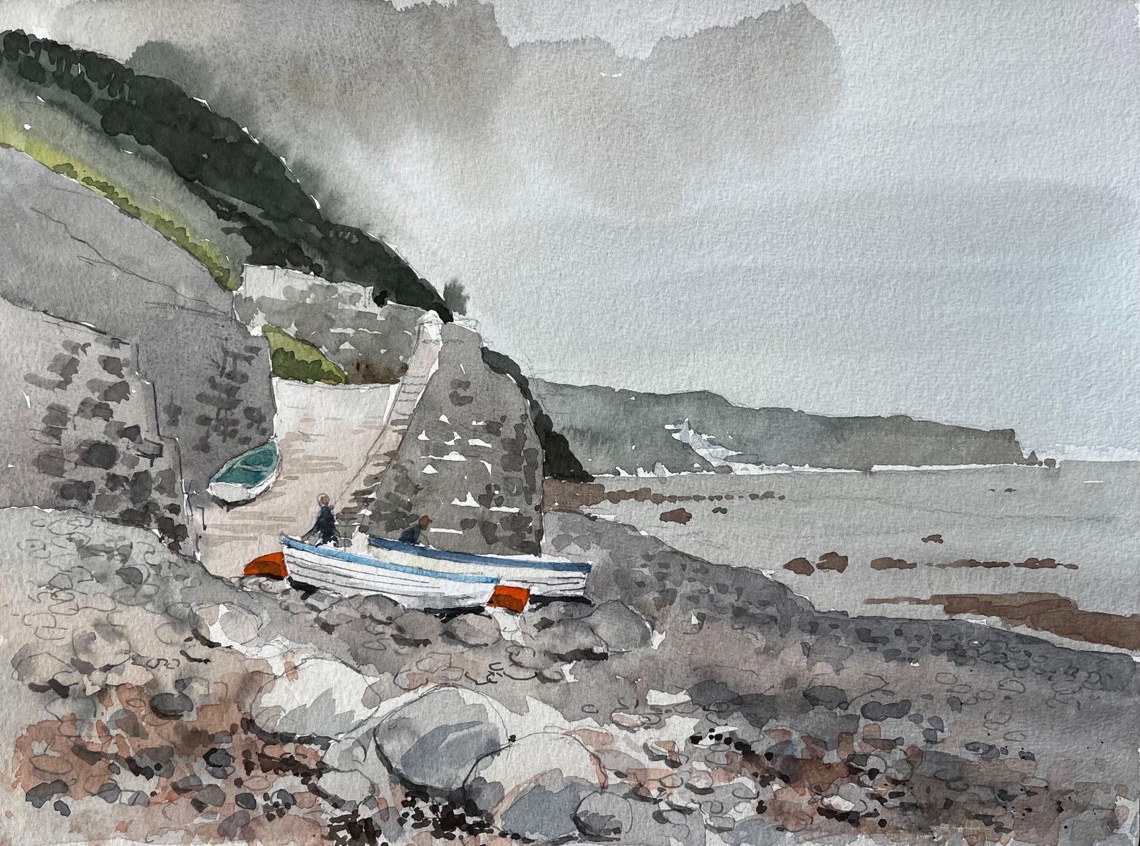 Anthony Herbert1987 Watercolour Of Bucks Mills North Devon With Fishing Boats, Cliffs And Shore1987