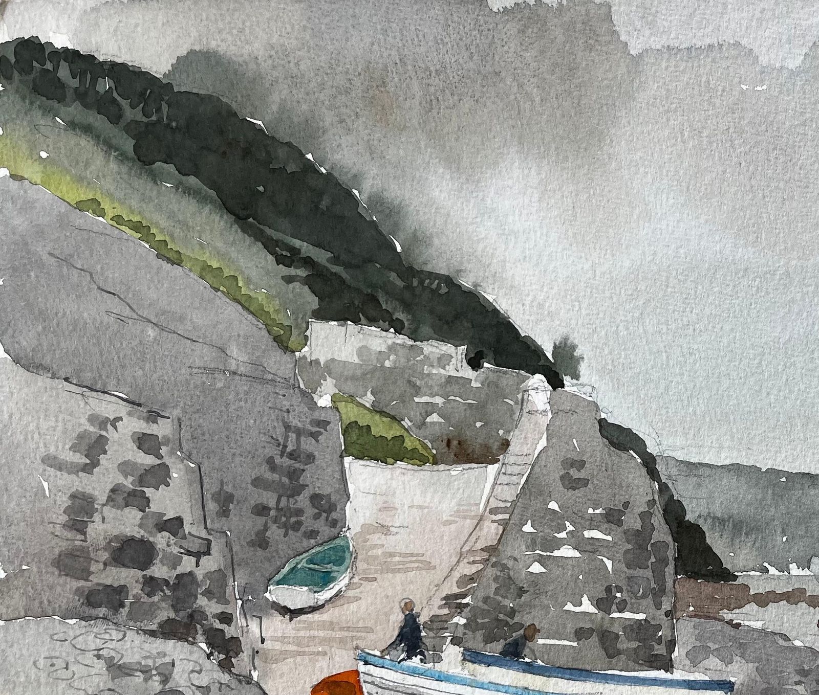 Anthony Herbert1987 Watercolour Of Bucks Mills North Devon With Fishing Boats, Cliffs And Shore1987 photo for sale