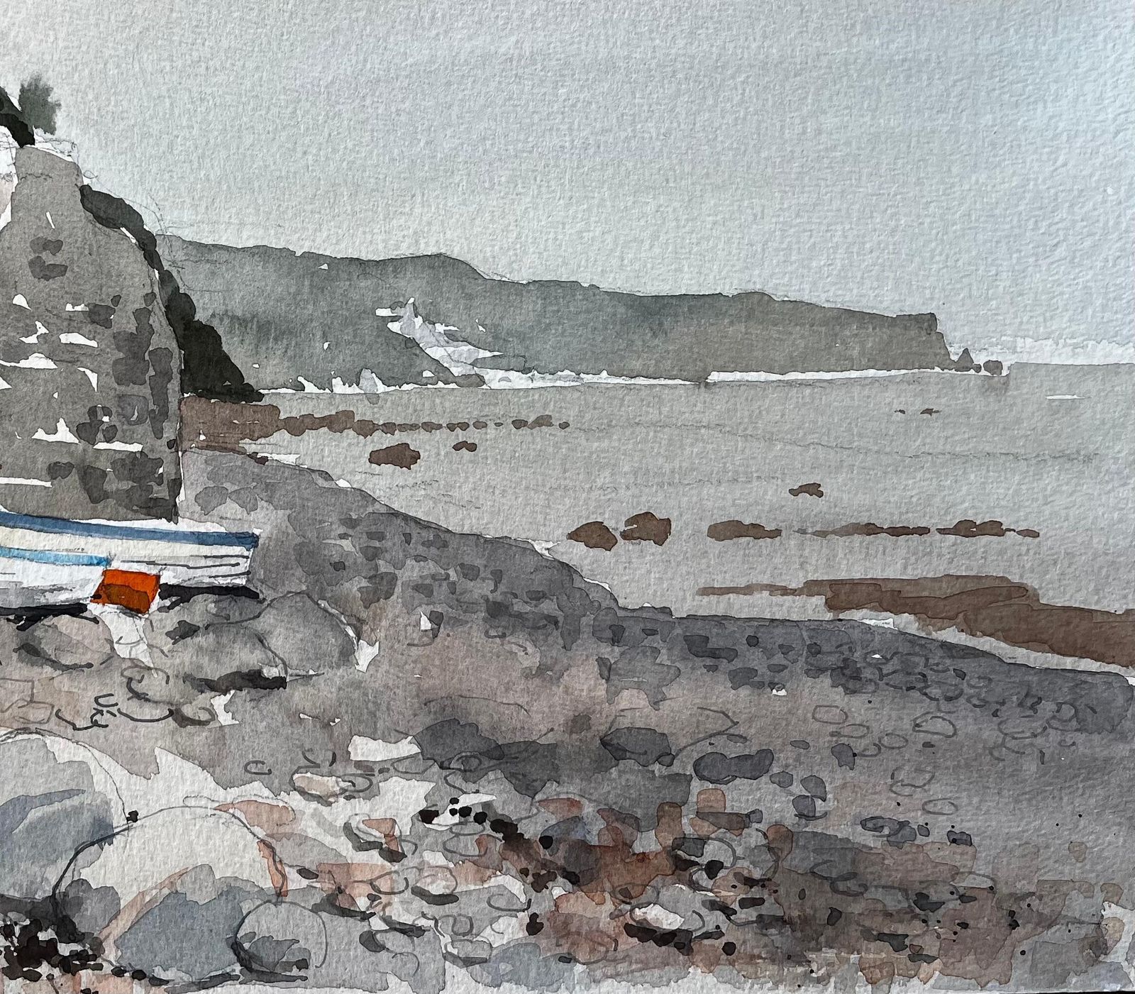 Anthony Herbert1987 Watercolour Of Bucks Mills North Devon With Fishing Boats, Cliffs And Shore1987 photo 581.0
