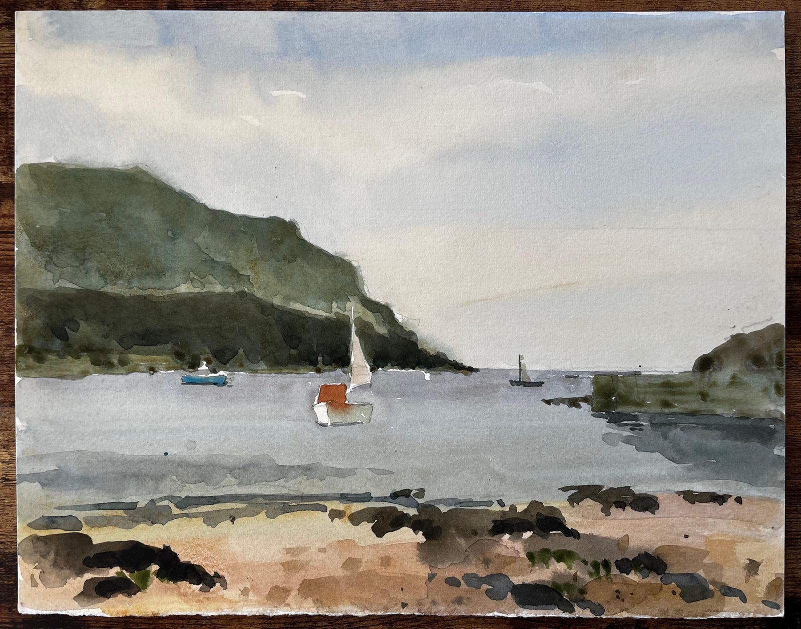 Anthony Herberthope Cove Devon Harbour View With Sailboats And Beach Watercolour Painting 19841984 photo furniture