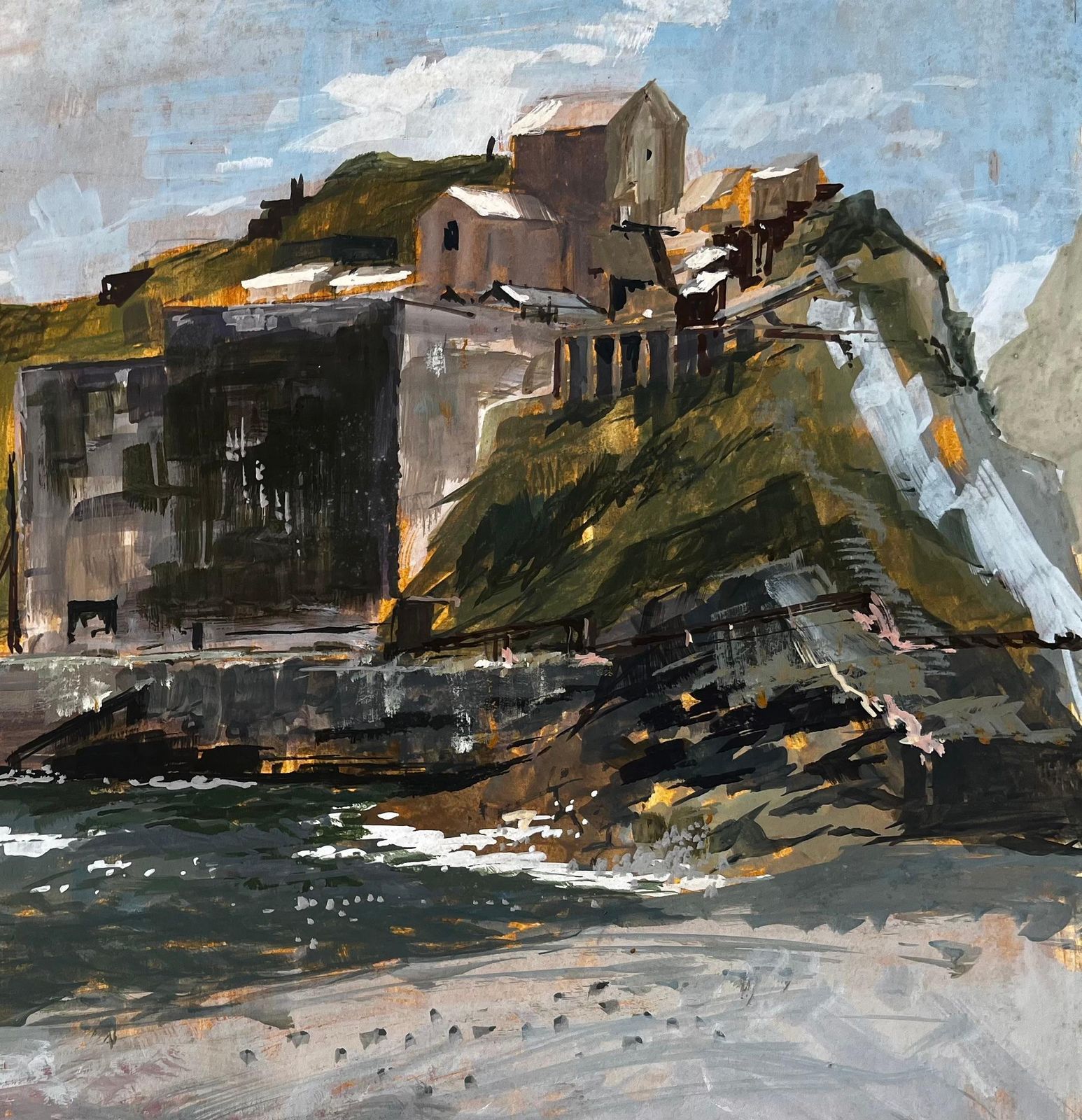 Anthony Herbertporthonstock Cornwall Clifftop Coastal Industrial Ruins Acrylic On Board 19681968 photo vintage