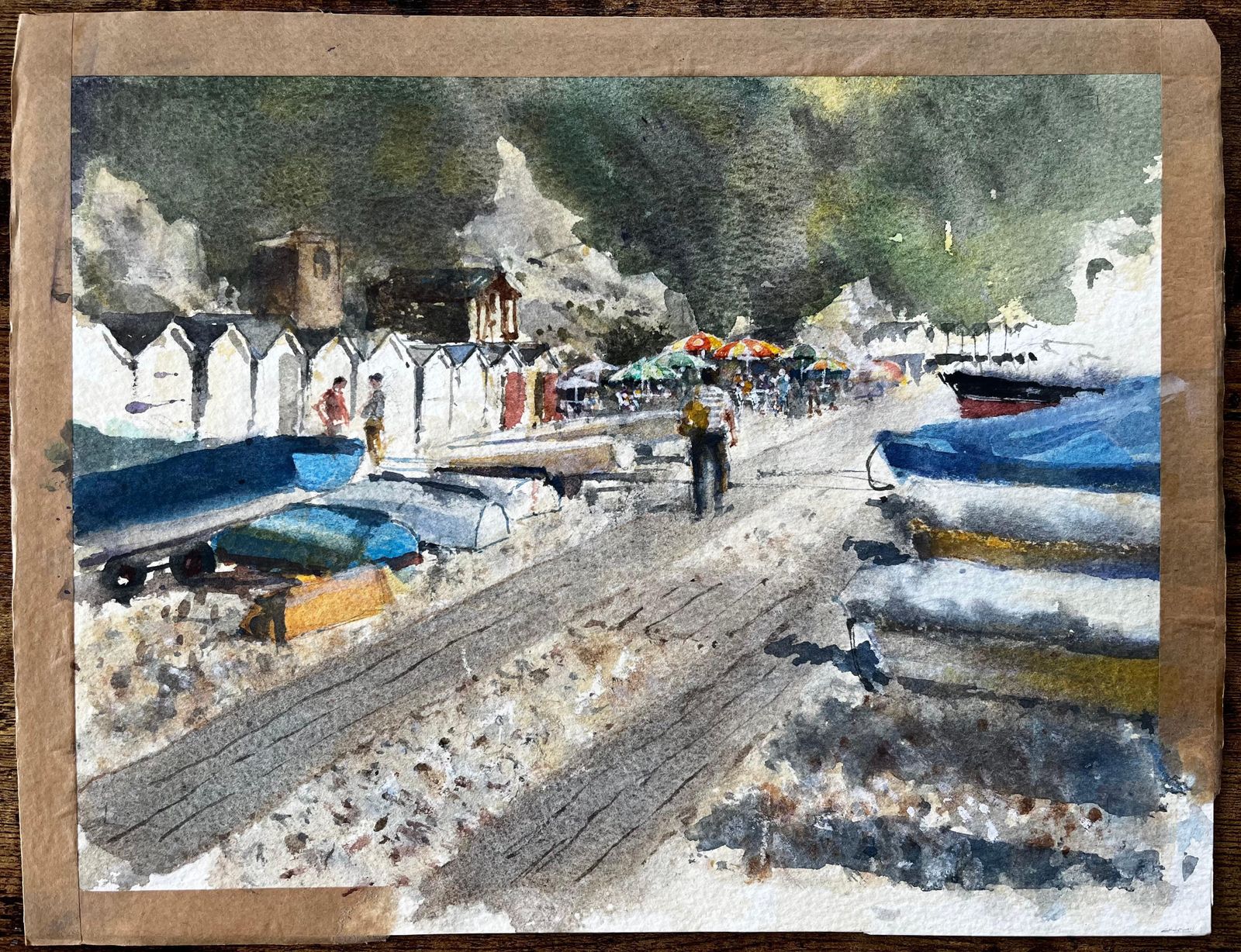 Anthony Herbertbeer Devon Beach Scene With Boats Beach Huts And Umbrellas Watercolour Painting photo furniture