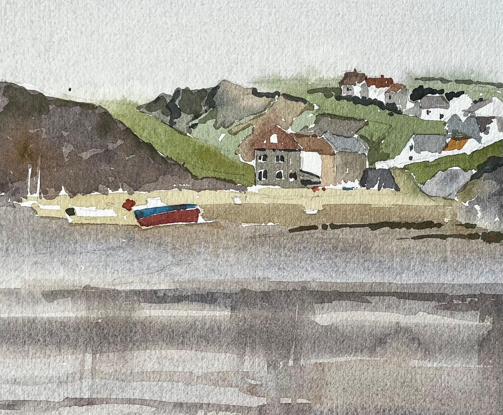 Anthony Herberthope Cove Devon Coastal Village With Reflections Boats And Cliffs Watercolour1986 photo vinterior