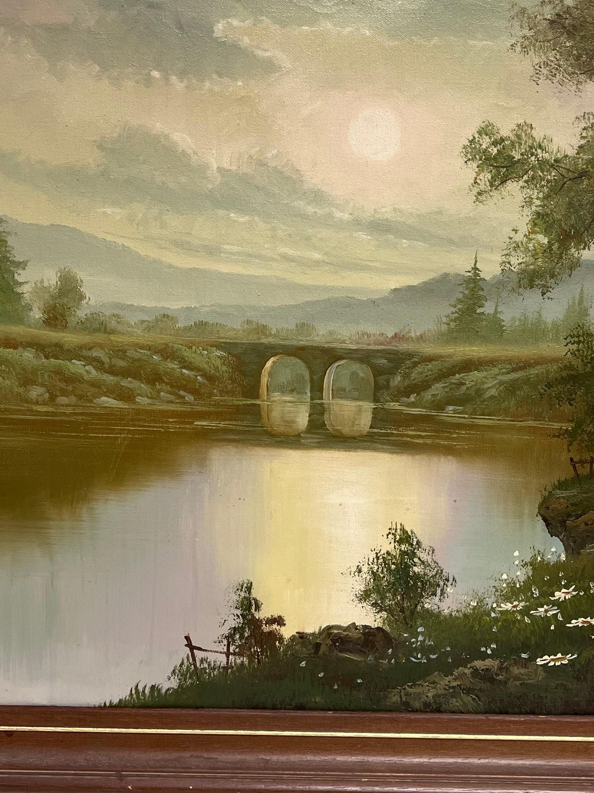 British Schoollarge 20th Century British Signed Oil Atmospheric Misty Lake Landscape & Bridge photo Art