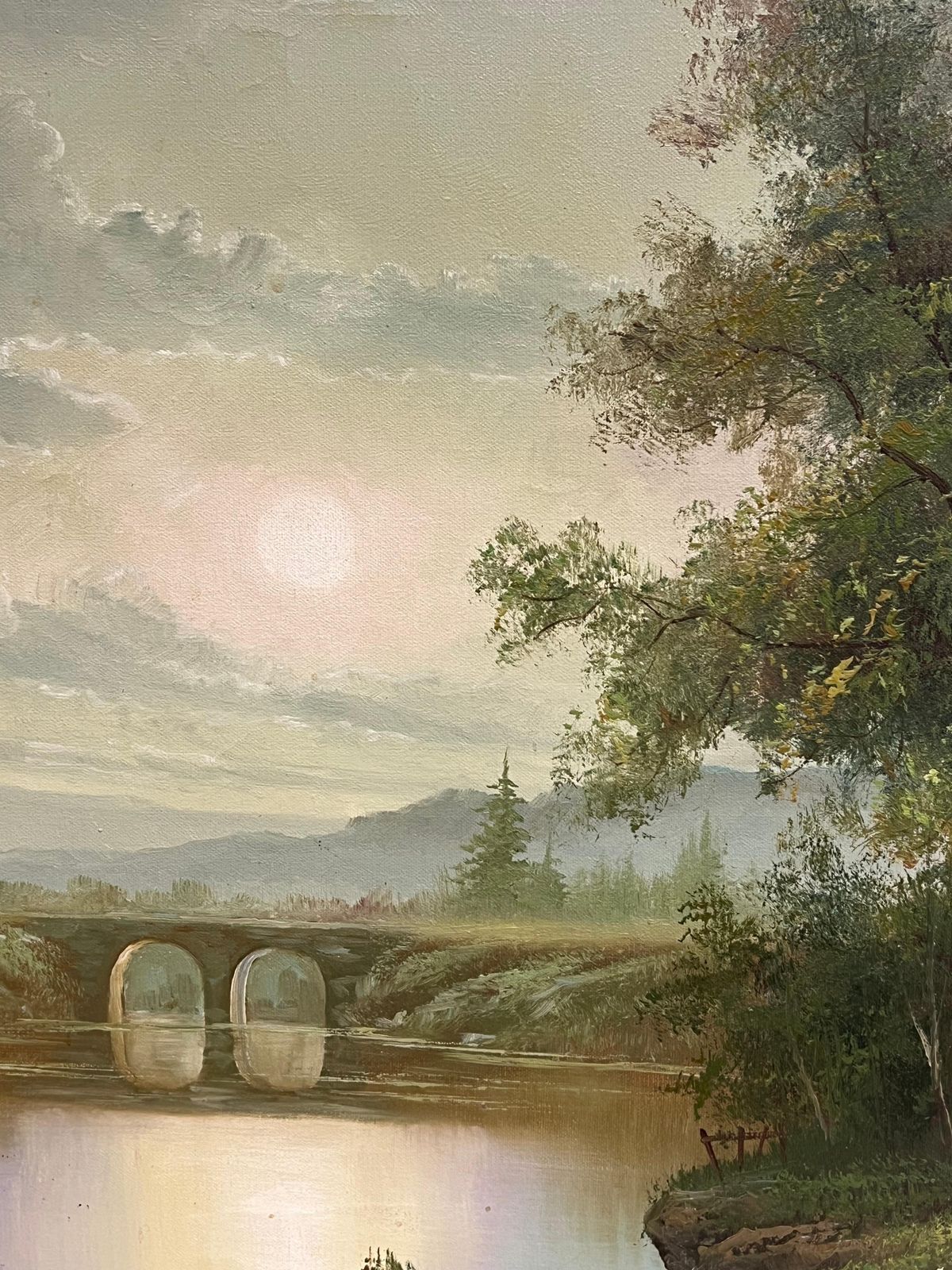British Schoollarge 20th Century British Signed Oil Atmospheric Misty Lake Landscape & Bridge photo 977.0