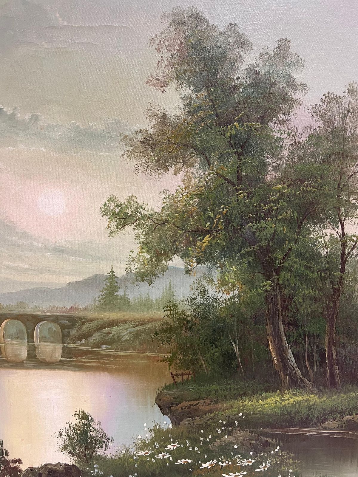 photo furniture British Schoollarge 20th Century British Signed Oil Atmospheric Misty Lake Landscape & Bridge