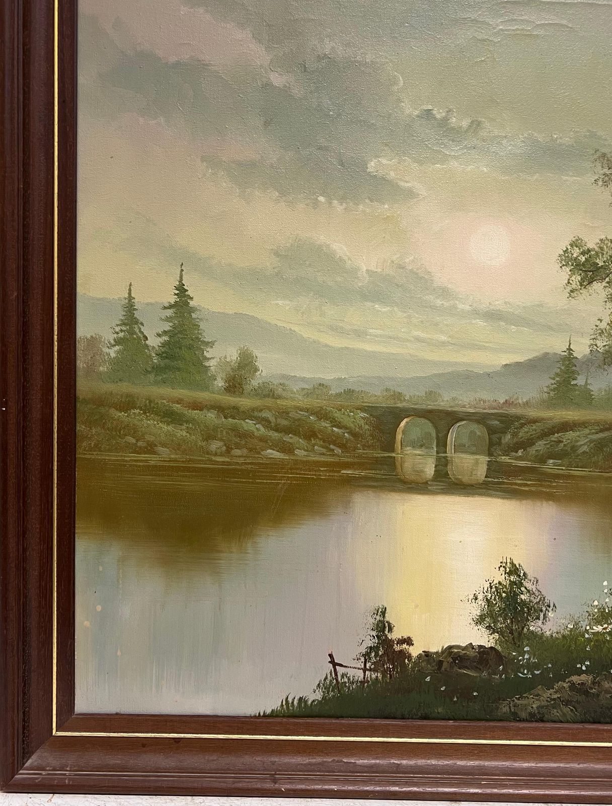 photo for sale British Schoollarge 20th Century British Signed Oil Atmospheric Misty Lake Landscape & Bridge