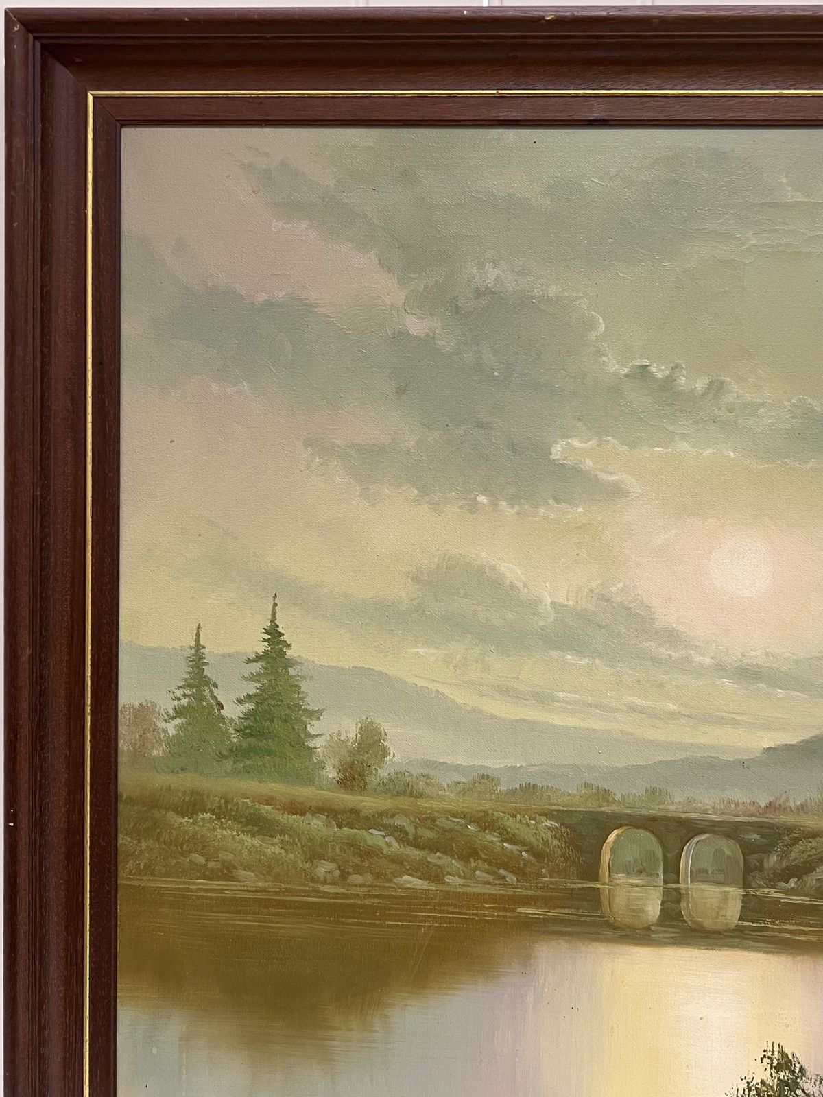 Art British Schoollarge 20th Century British Signed Oil Atmospheric Misty Lake Landscape & Bridge photo