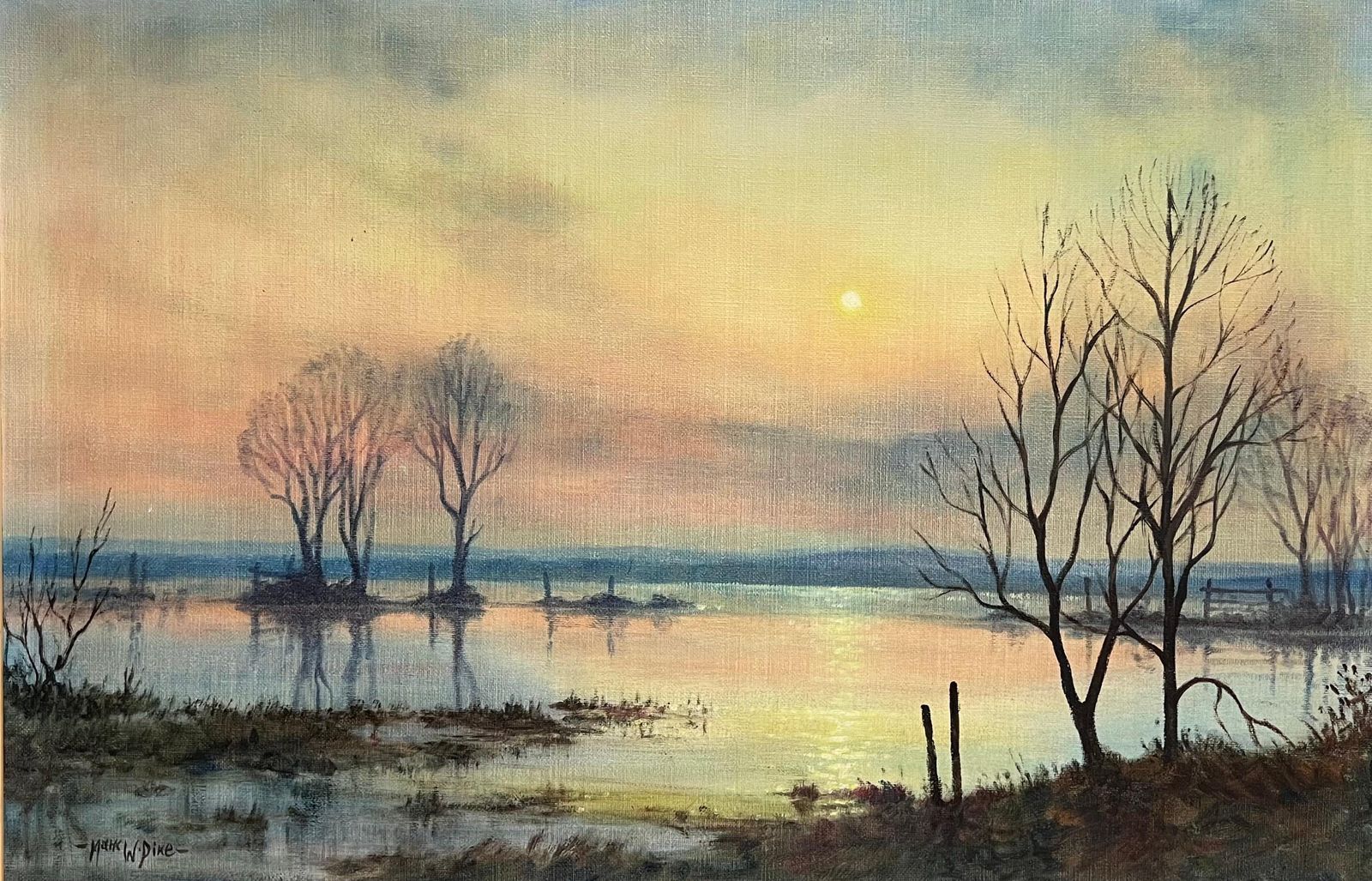 Mark W. Pikelarge 1970's British Signed Oil Painting Atmospheric Flooded Fields Sunset photo Art