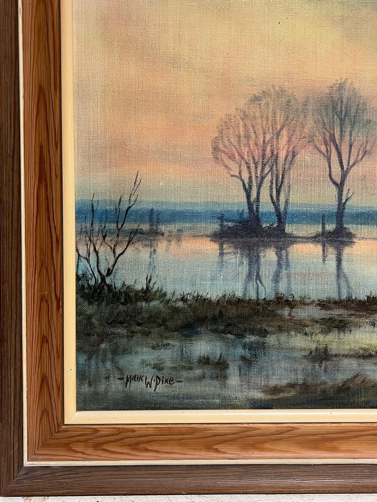 Mark W. Pikelarge 1970's British Signed Oil Painting Atmospheric Flooded Fields Sunset photo buy