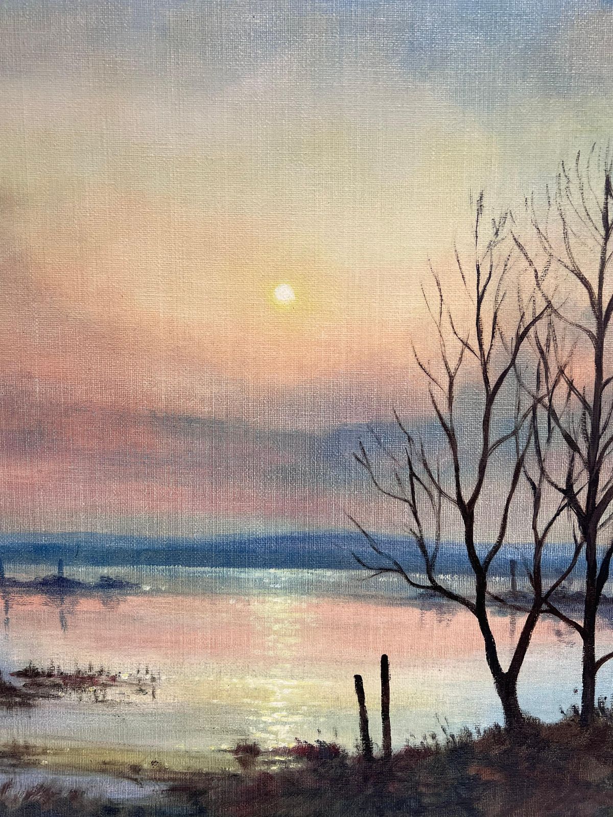 1254.0 Mark W. Pikelarge 1970's British Signed Oil Painting Atmospheric Flooded Fields Sunset photo