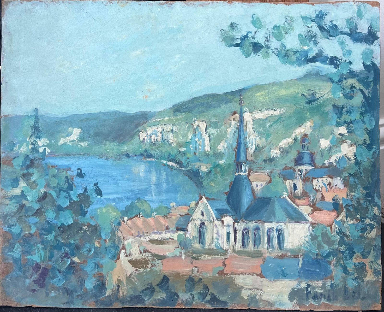 Fanch Lelblue Church In Bright Blue Sea Rivera French Landscape Oil Painting photo furniture