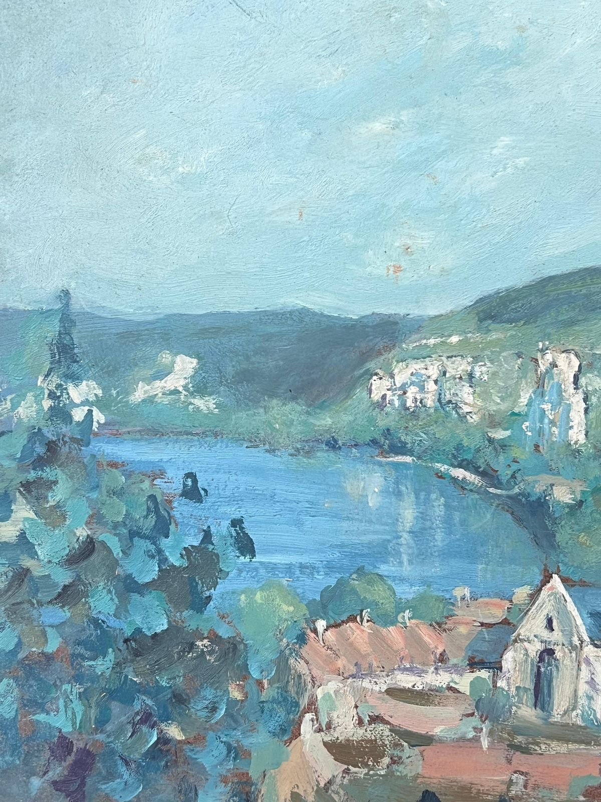 Fanch Lelblue Church In Bright Blue Sea Rivera French Landscape Oil Painting photo vintage