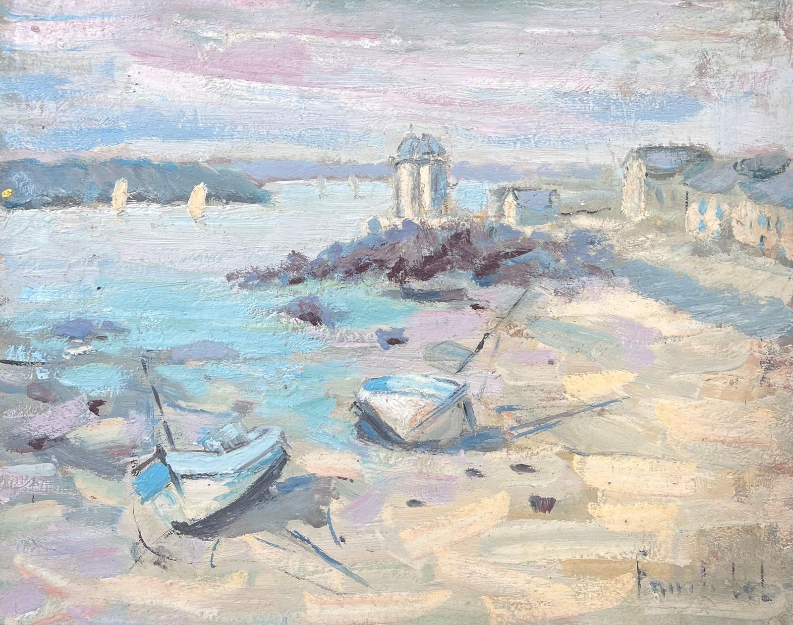 Fanch Leldocked Boats In A Sandy Harbour Sunset Beach French Oil Painting