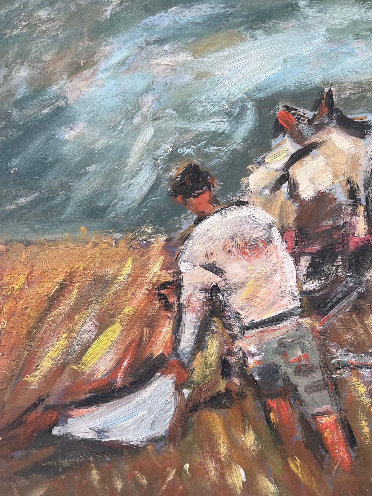 Fanch Lelfigure Ploughing The Orange Harvest Field Led By Horses French Oil Painting photo vinterior