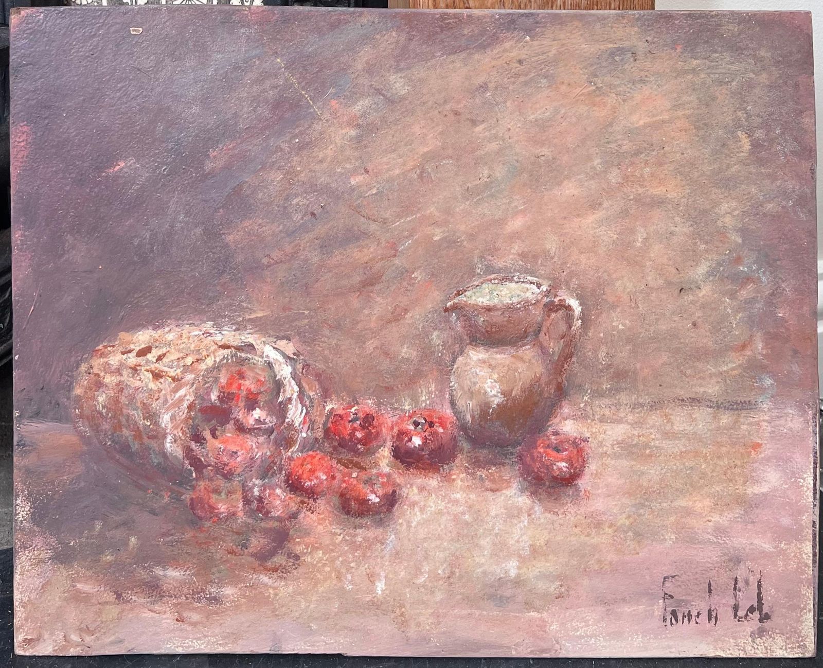 Fanch Lelstill Life Red Apples Spilling From Woven Basket  And Ceramic Jug Oil Painting1999 photo furniture