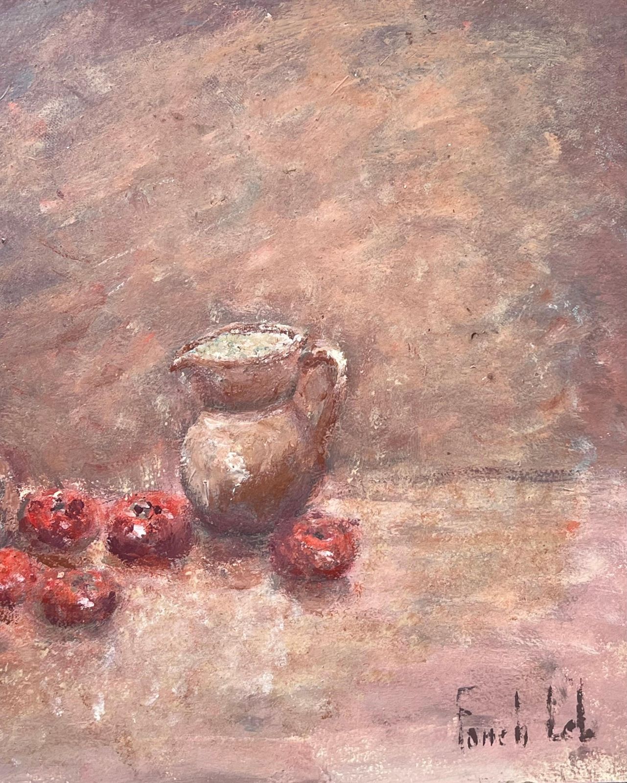 Fanch Lelstill Life Red Apples Spilling From Woven Basket  And Ceramic Jug Oil Painting1999 photo 427.0