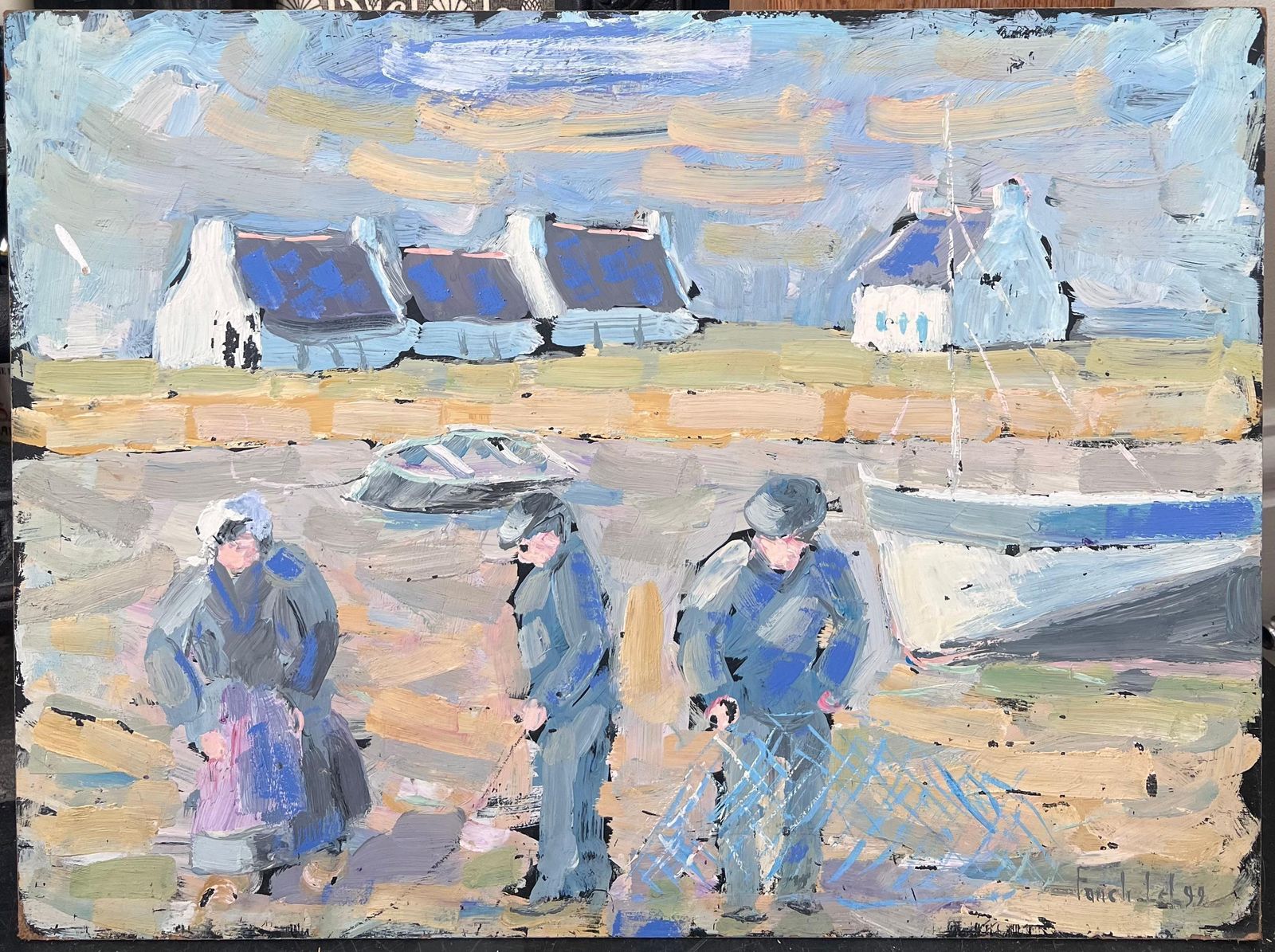 Fanch Lelfisherfolk Figures Prepping The Casting On The Shore Landscape Oil Painting1999 photo furniture