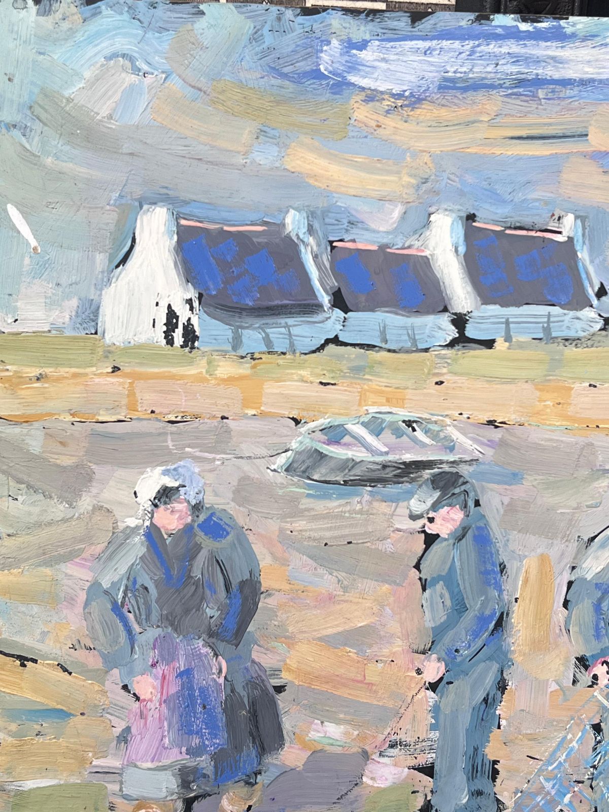 Fanch Lelfisherfolk Figures Prepping The Casting On The Shore Landscape Oil Painting1999 photo for sale