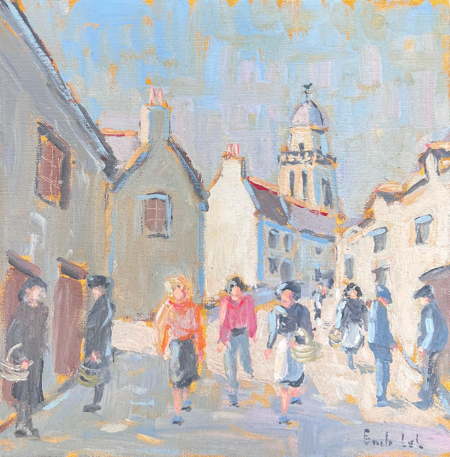 Fanch Lelfigures Walking Through A Bright Summer French Street French Oil Painting