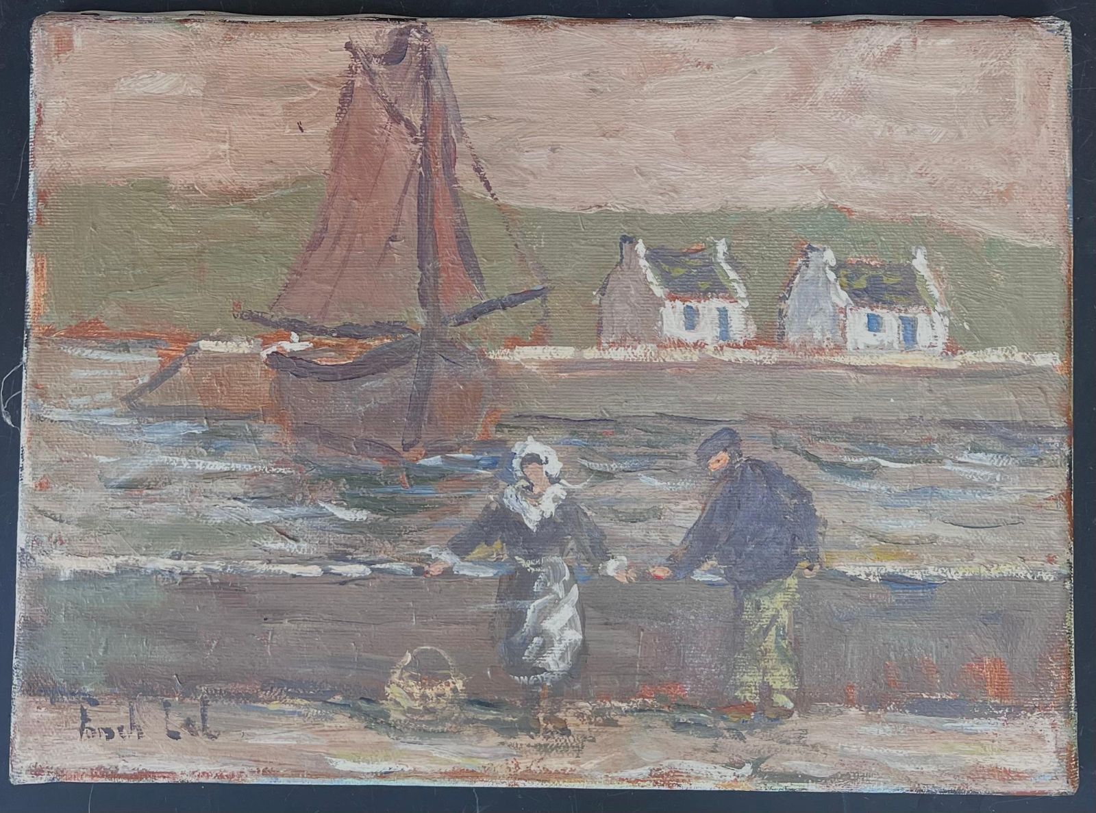 Fanch Lelmaid And Fisherman Watching The Quiet Harbour Impressionist French Oil Painting photo furniture