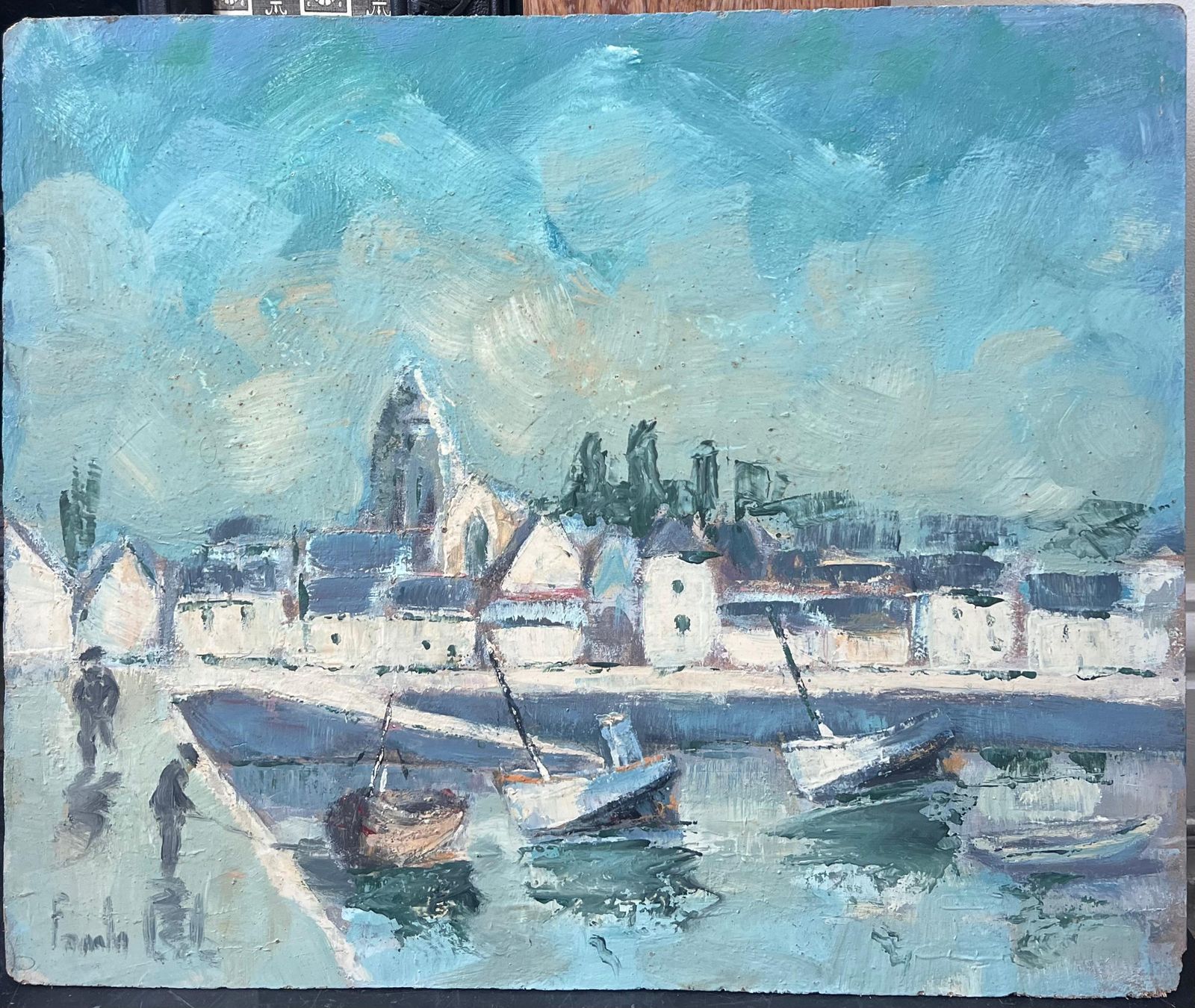 Fanch Lelturquoise Bright Blue & Sky French Town Harbour Oil Painting photo furniture