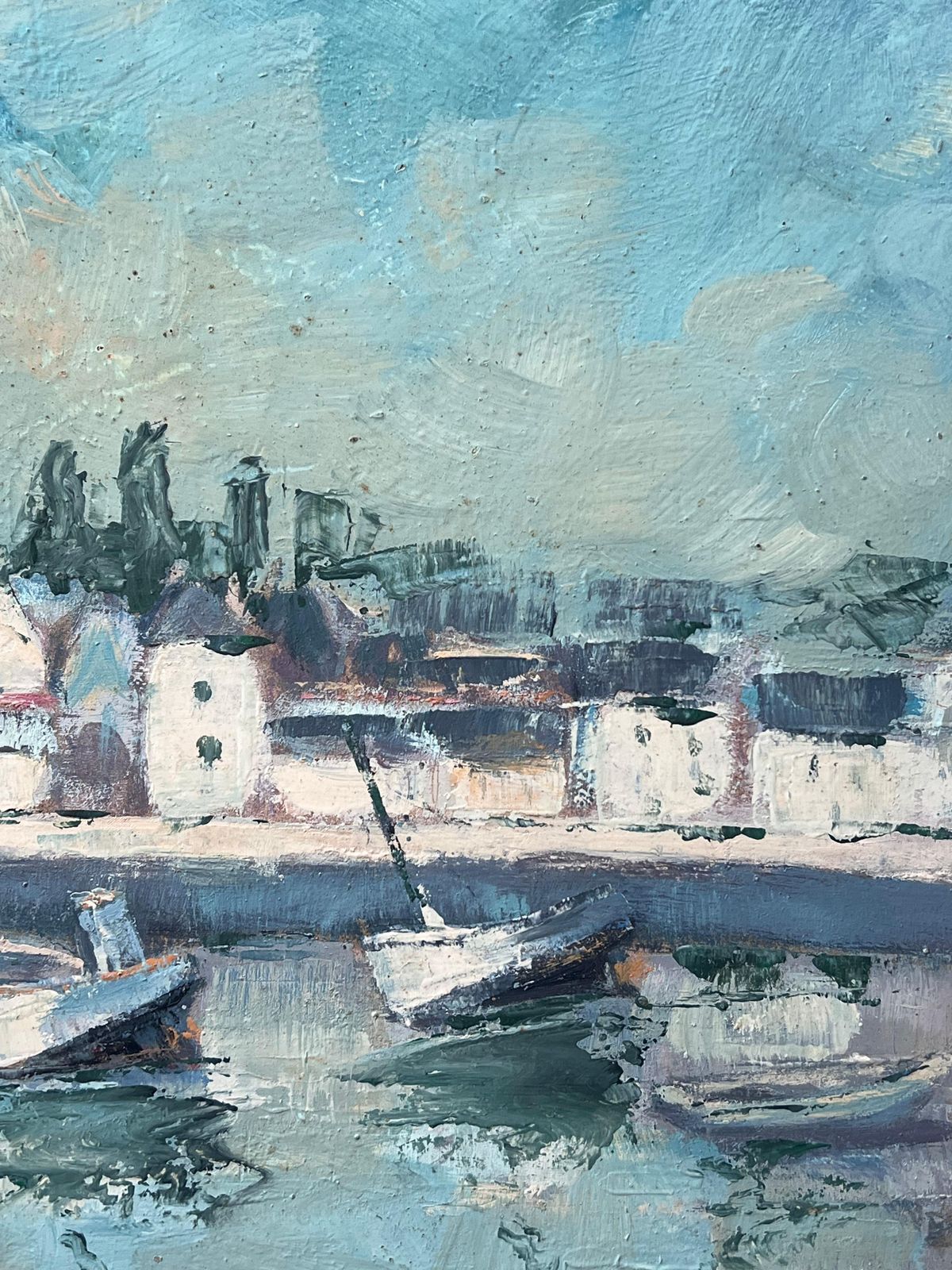 Fanch Lelturquoise Bright Blue & Sky French Town Harbour Oil Painting photo vintage