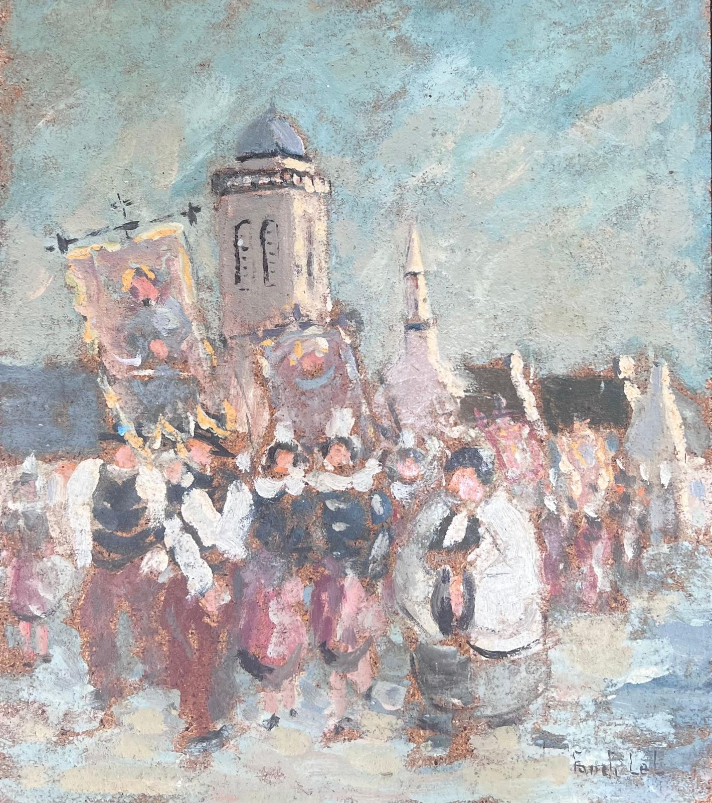 Fanch Lelfigures Marching In Religious Parade Through A French Village Oil Painting