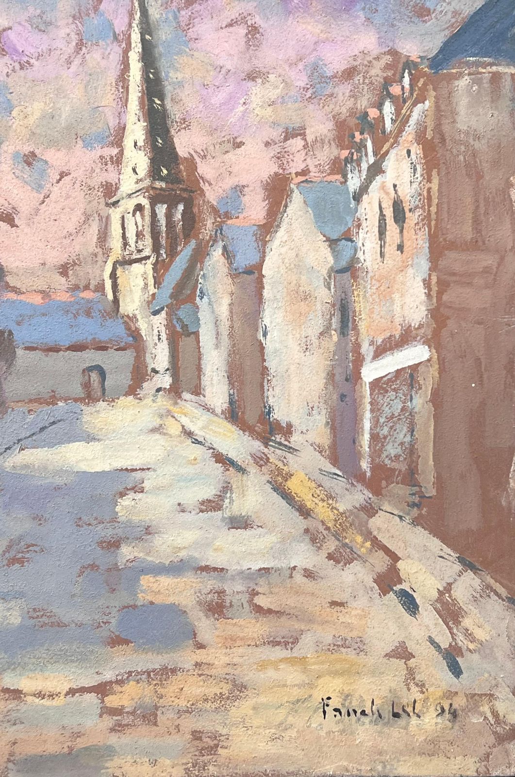 Fanch Lelfrench Dappled Light Street Path Leading To The Church Landscape Oil Painting photo vintage