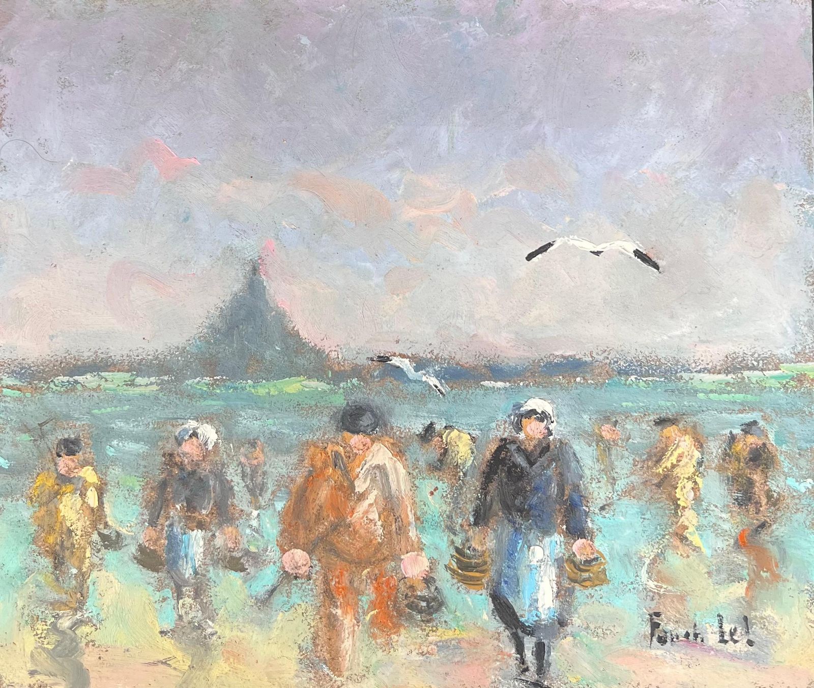 Fanch Lelfishermen & Figures Carrying Their Catches In Wicker Baskets French Oil Painting