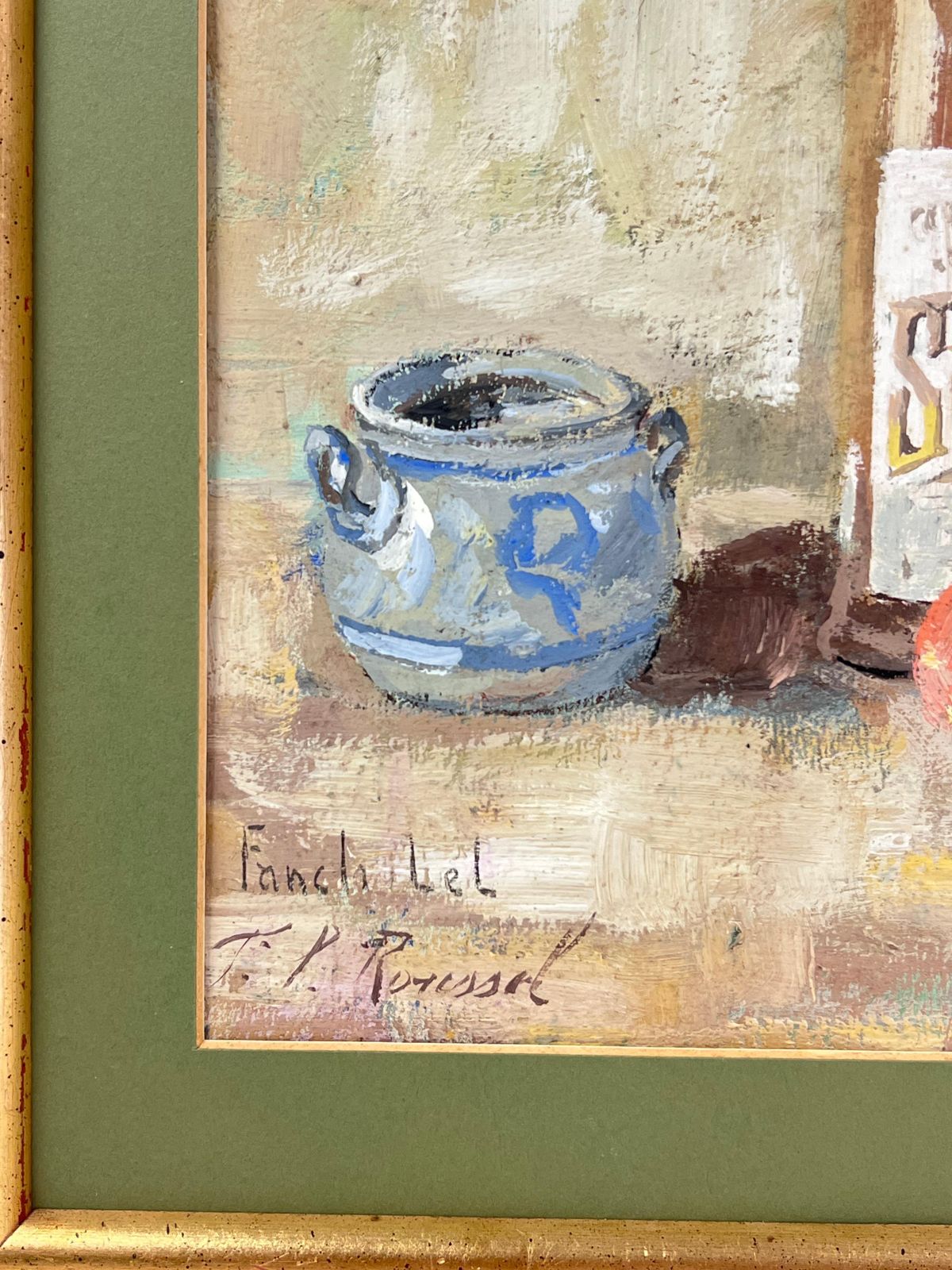 Fanch Lelfrench Impressionist Interior Rose Wine + Apples Still Life Framed Painting photo vintage