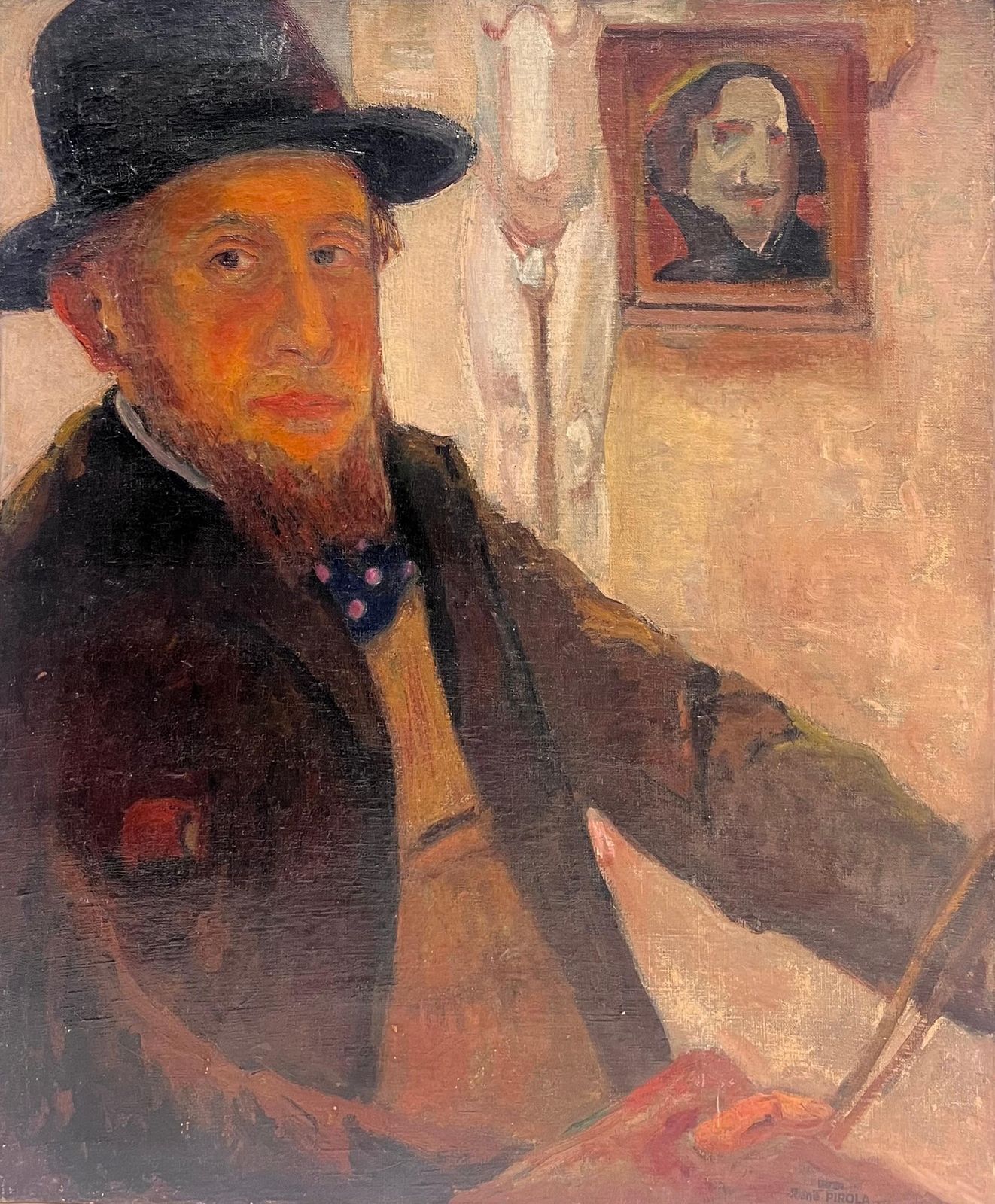René Pirola Antique French Impressionist Self Portrait Of Artist 1900's Oil Painting Canvas