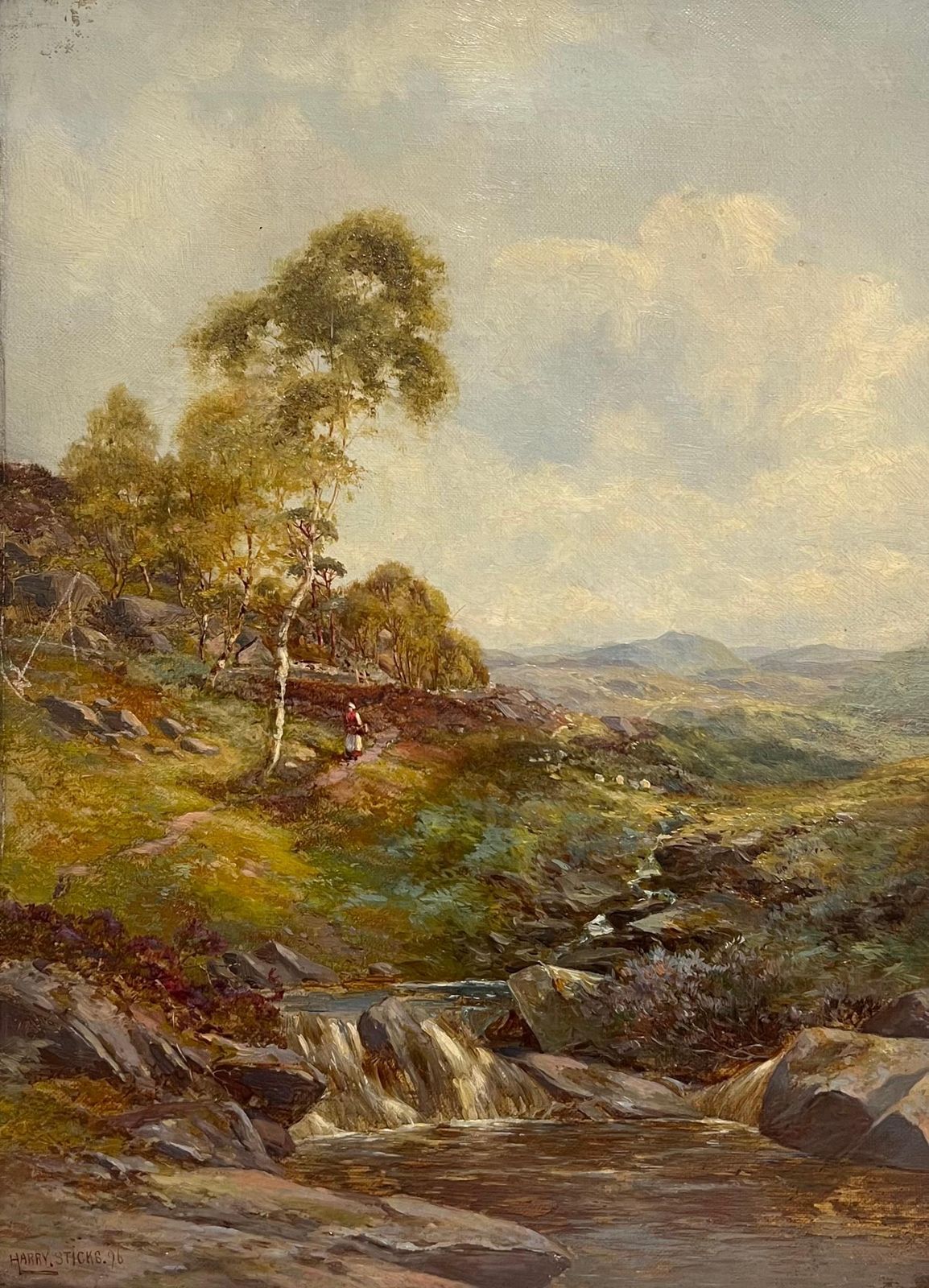 Harry Sticksfine Victorian British Oil Painting 1896 Figure Walking Highland River Pathway1896 photo furniture