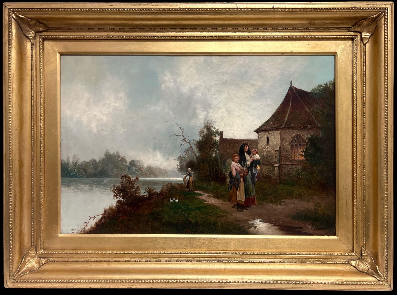 James Walter Gozzard (1888 1950)fine Victorian British Oil Painting Young Family Walking To Church Twilight