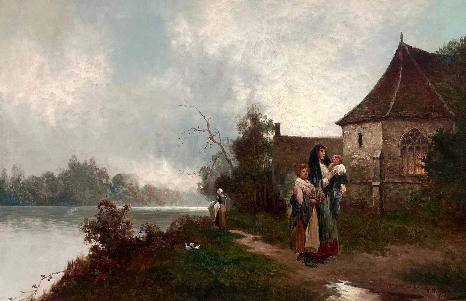 James Walter Gozzard (1888 1950)fine Victorian British Oil Painting Young Family Walking To Church Twilight photo 1628.0