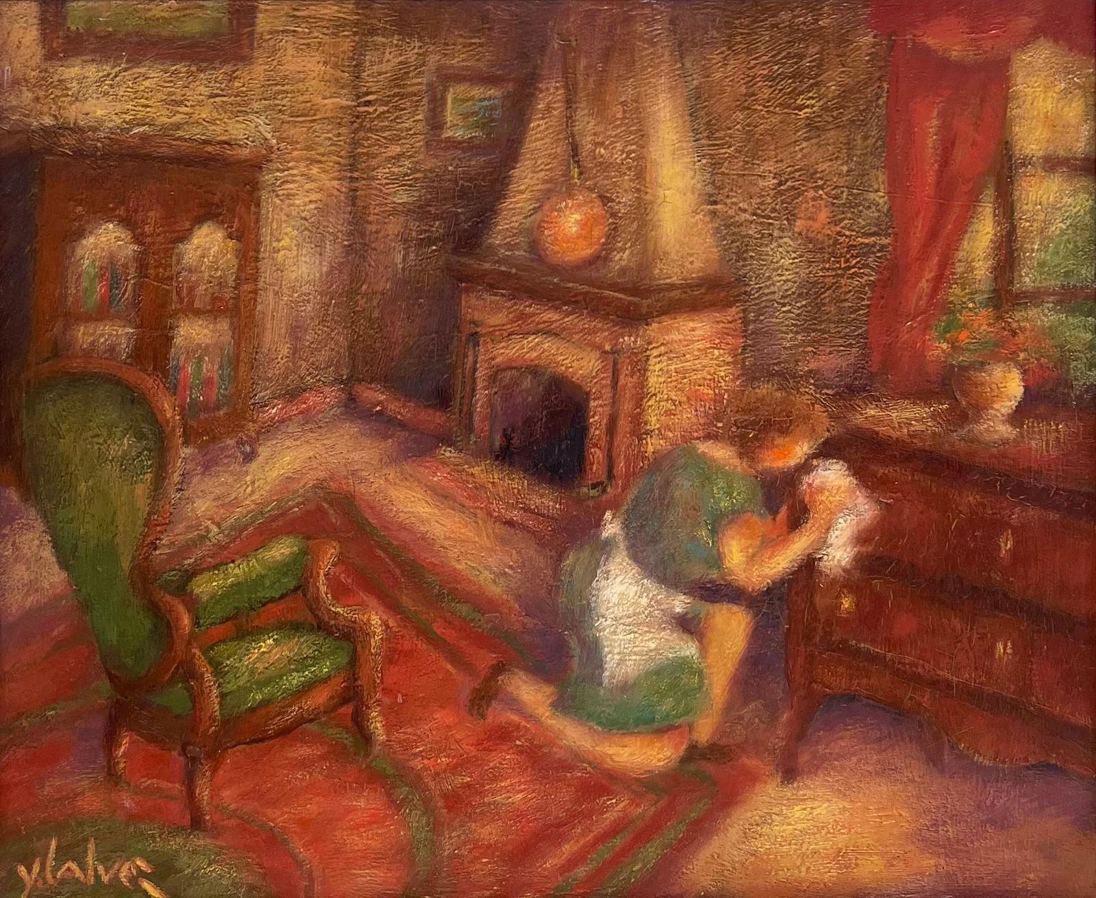 French School1970's French Modernist Signed Oil Woman In Parlor Interior Cleaning Furniture1976