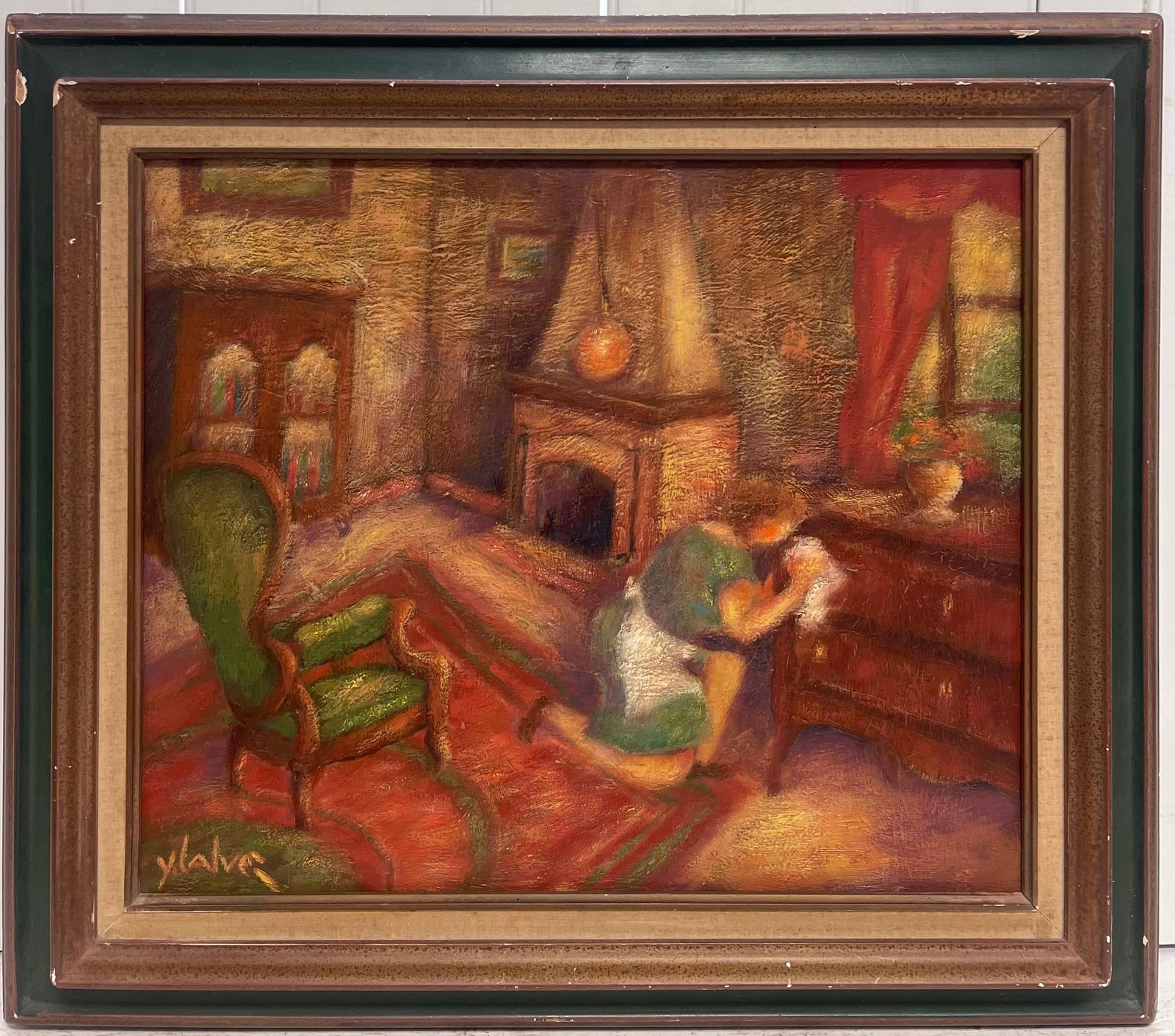 French School1970's French Modernist Signed Oil Woman In Parlor Interior Cleaning Furniture1976 photo furniture