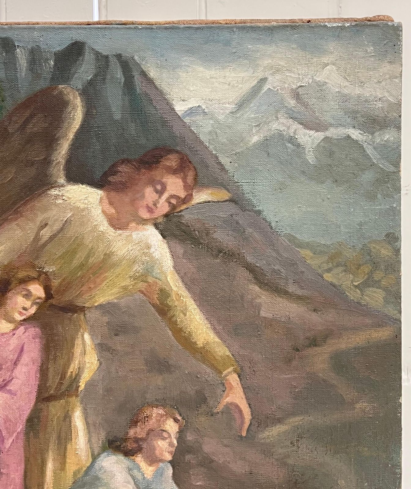 French Schoolantique French Signed Oil Painting Angel With Two Children Picking Flowers photo Art