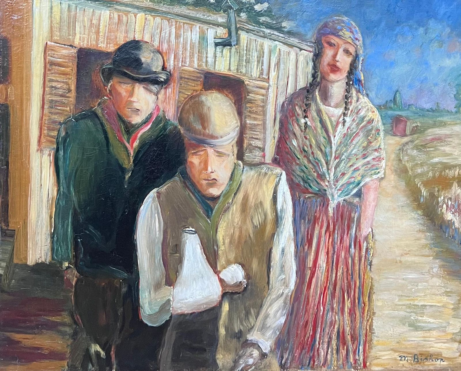 Early 20th Century Irish Schoolportrait Of Travellers Outside Caravan Antique Irish Signed Oil Painting1918