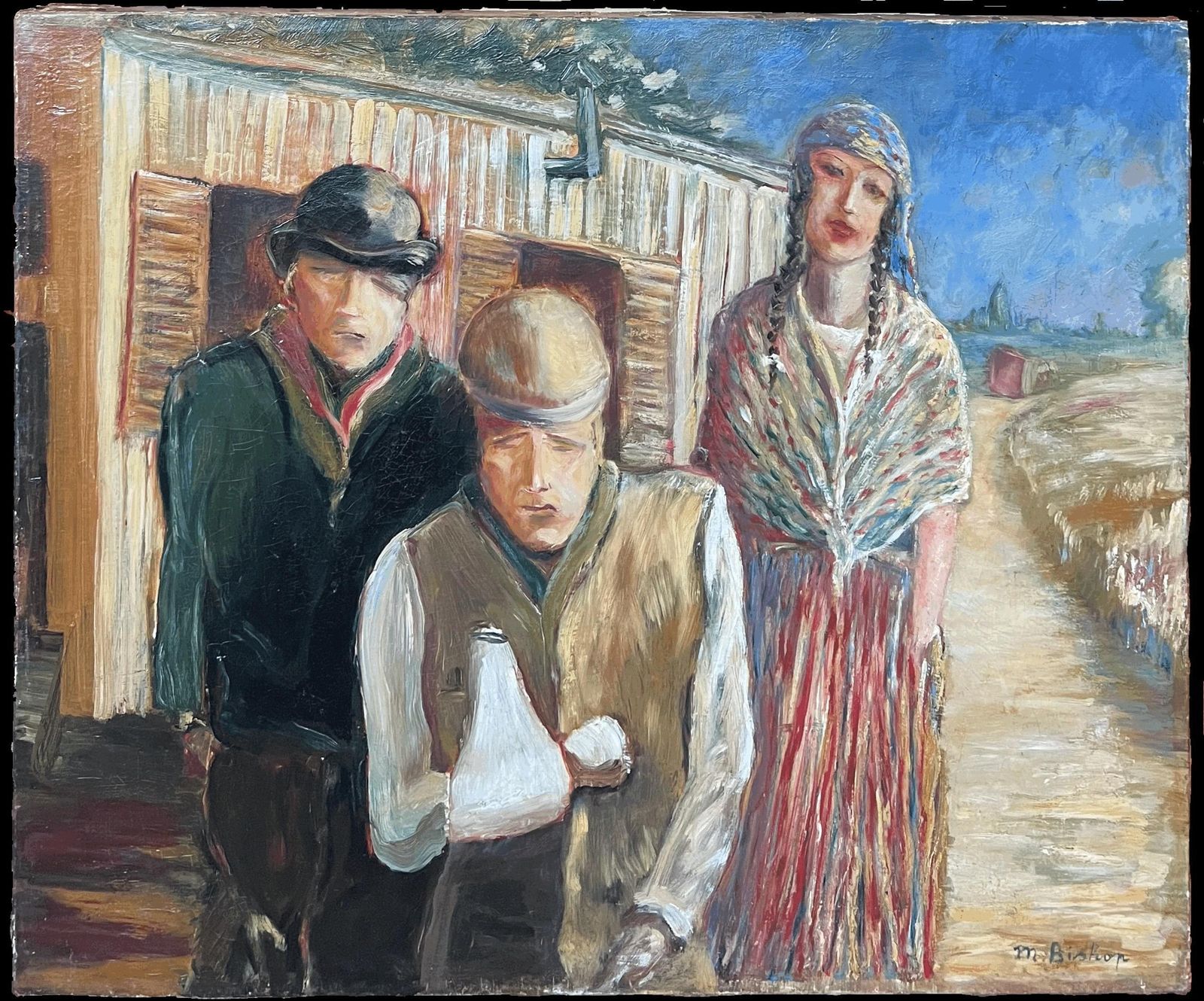Early 20th Century Irish Schoolportrait Of Travellers Outside Caravan Antique Irish Signed Oil Painting1918 photo furniture