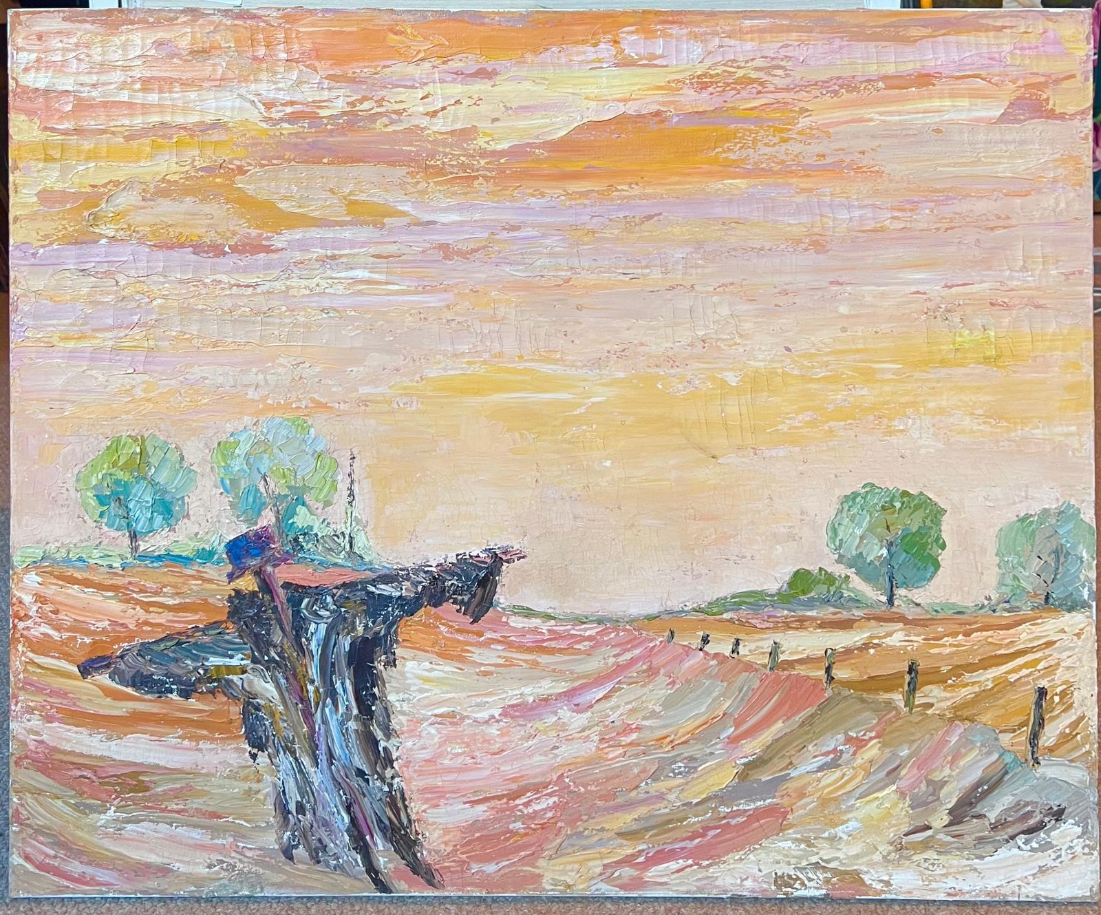 French Schoollarge 1970's French Expressionist Oil Painting Scarecrow In Sunset Golden Field photo furniture