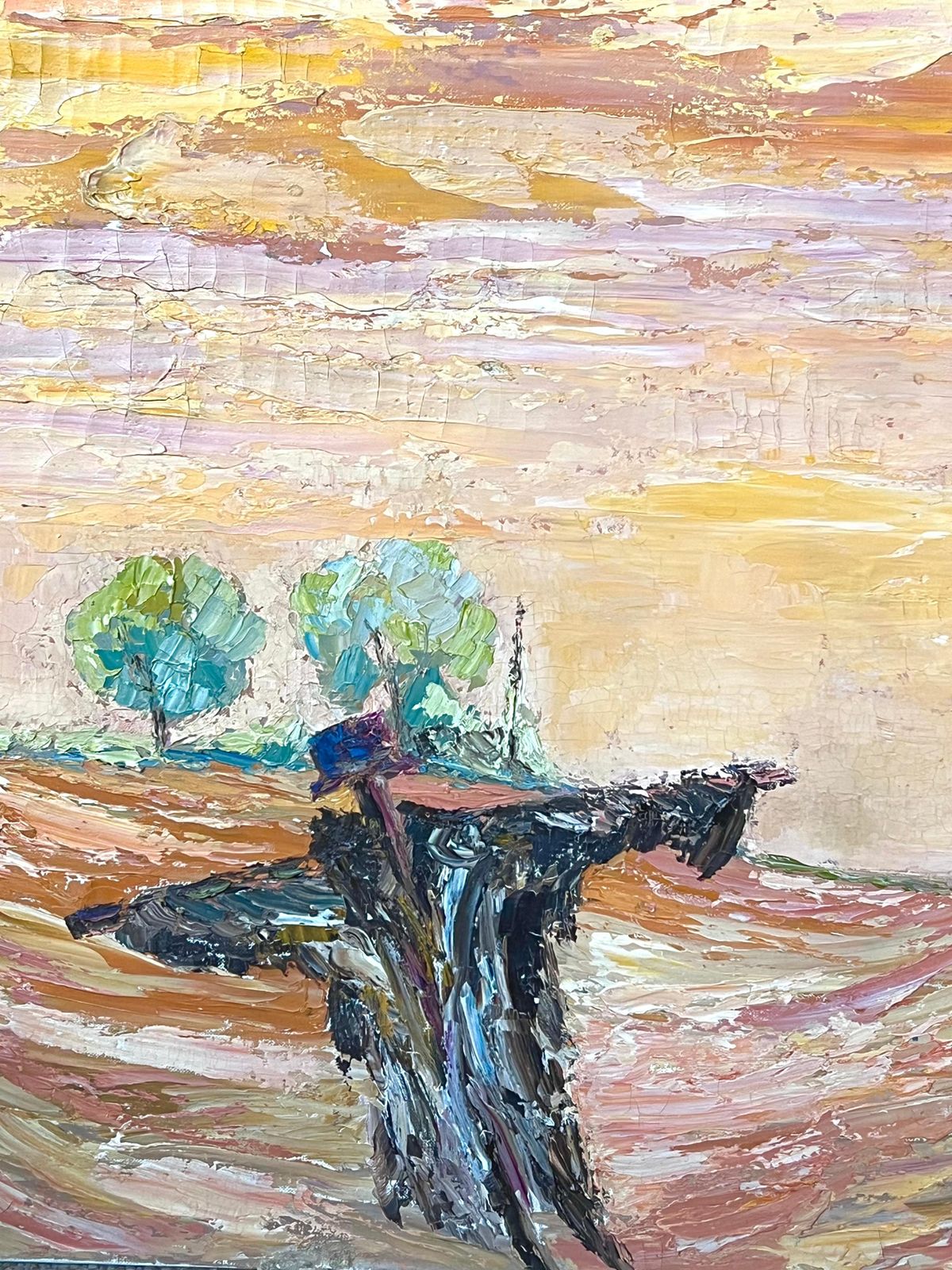 French Schoollarge 1970's French Expressionist Oil Painting Scarecrow In Sunset Golden Field photo vinterior