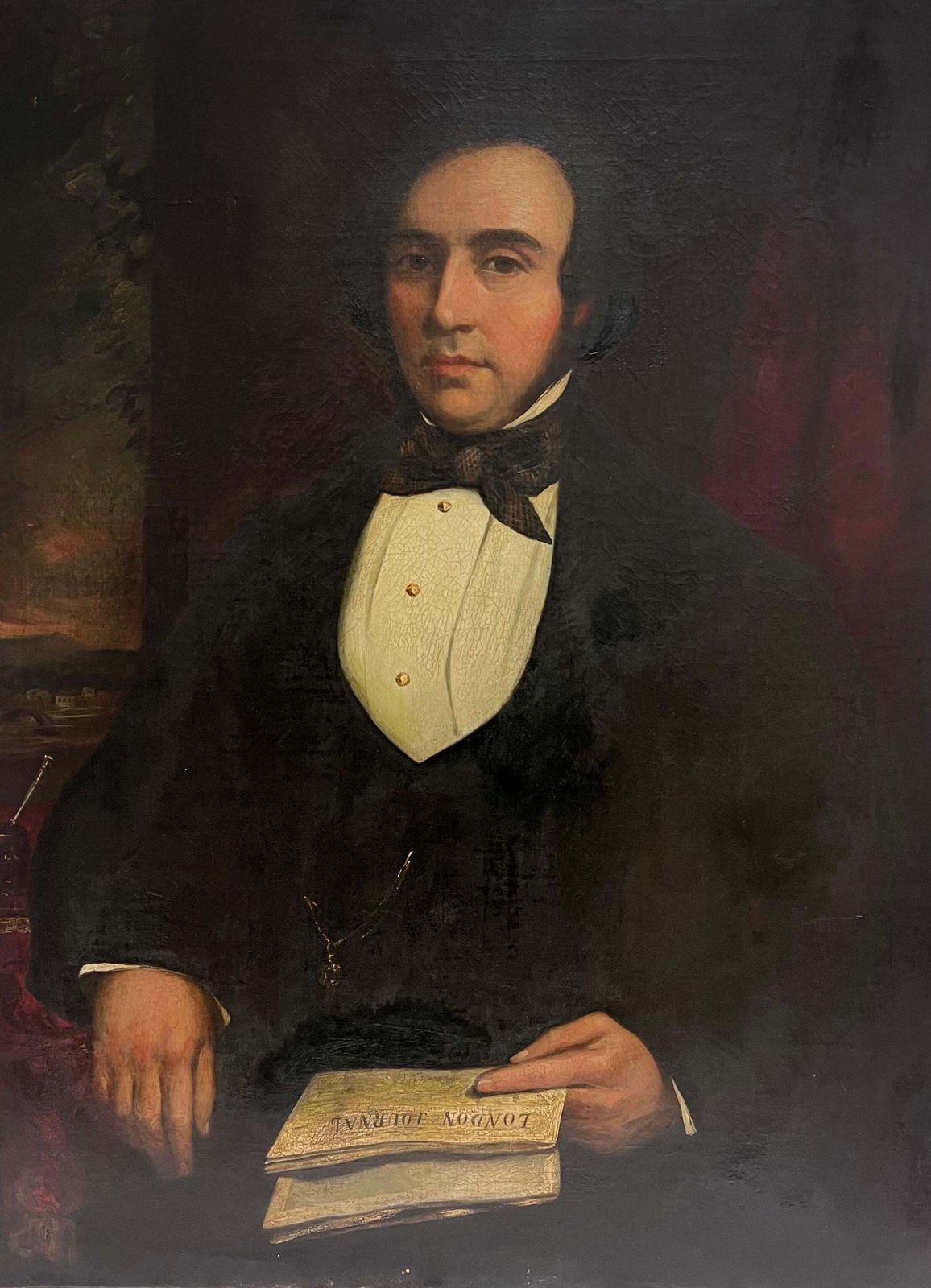 19th Century English Schoollarge Mid Victorian Oil Painting Portrait Of Seated Gentleman With Newspaper photo furniture