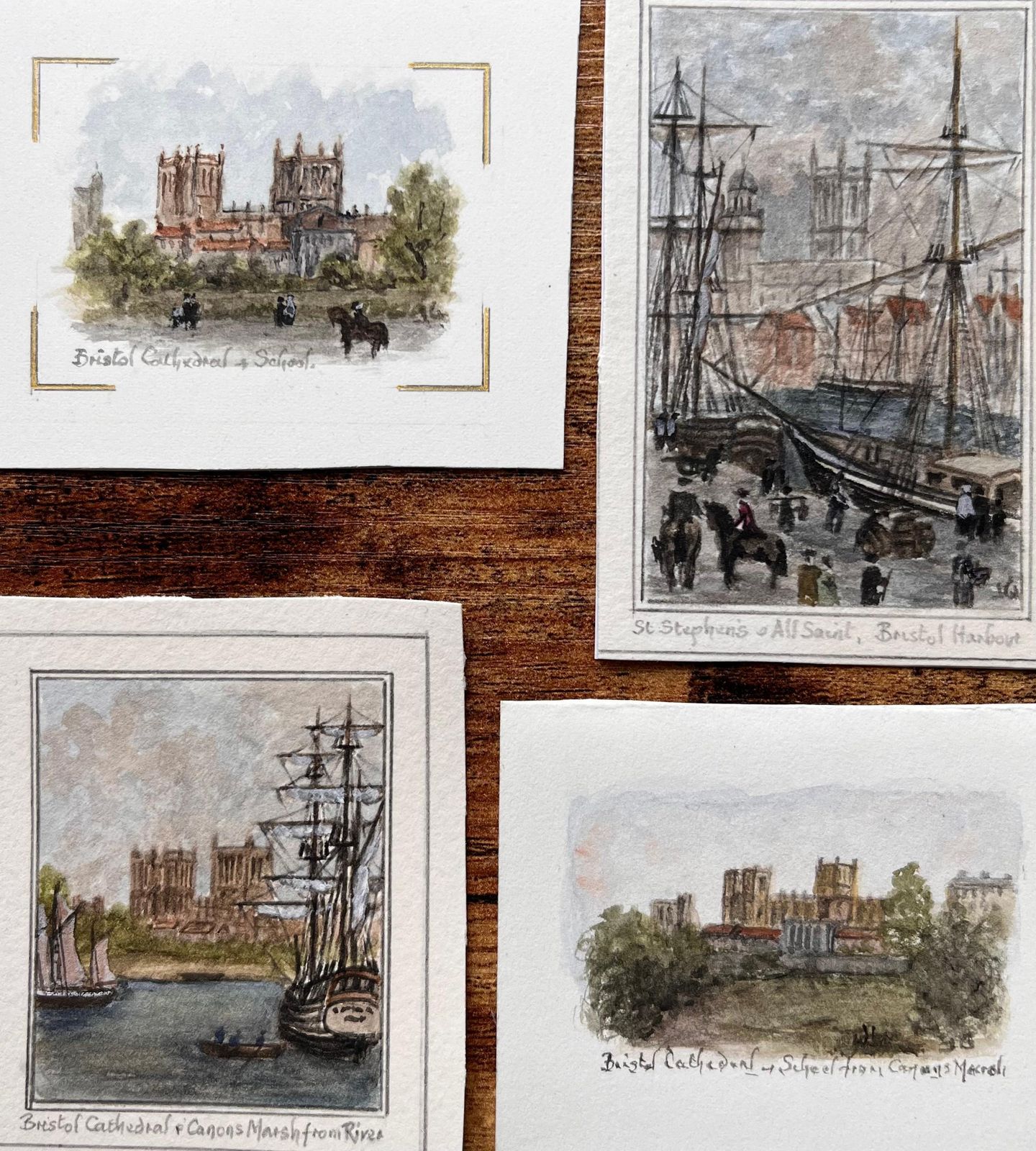 Jack Grunwellset Of Four Miniature Watercolors Of Bristol Cathedral And Harbour Views