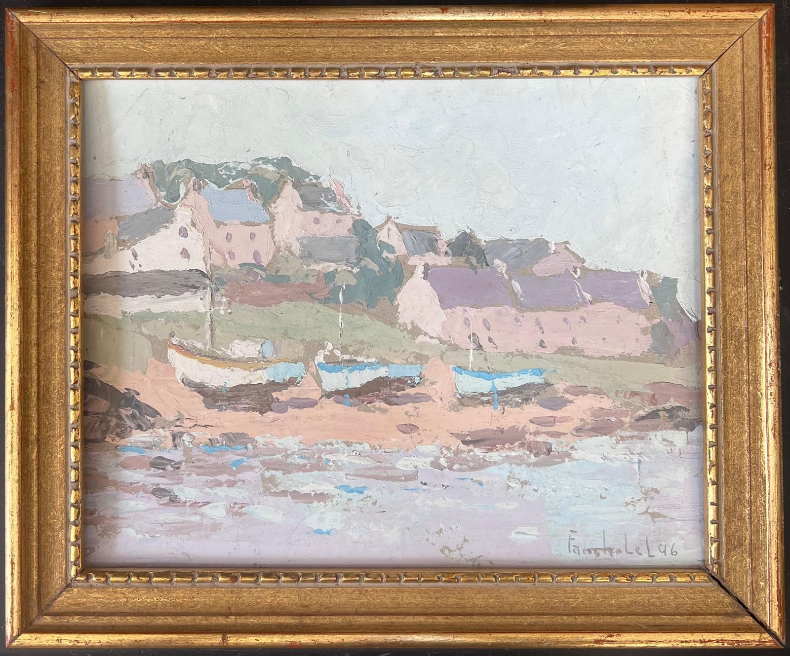 Fanch Lelpastel Sailing Boats Docked In The Town Shore French Oil Landscape Painting1996