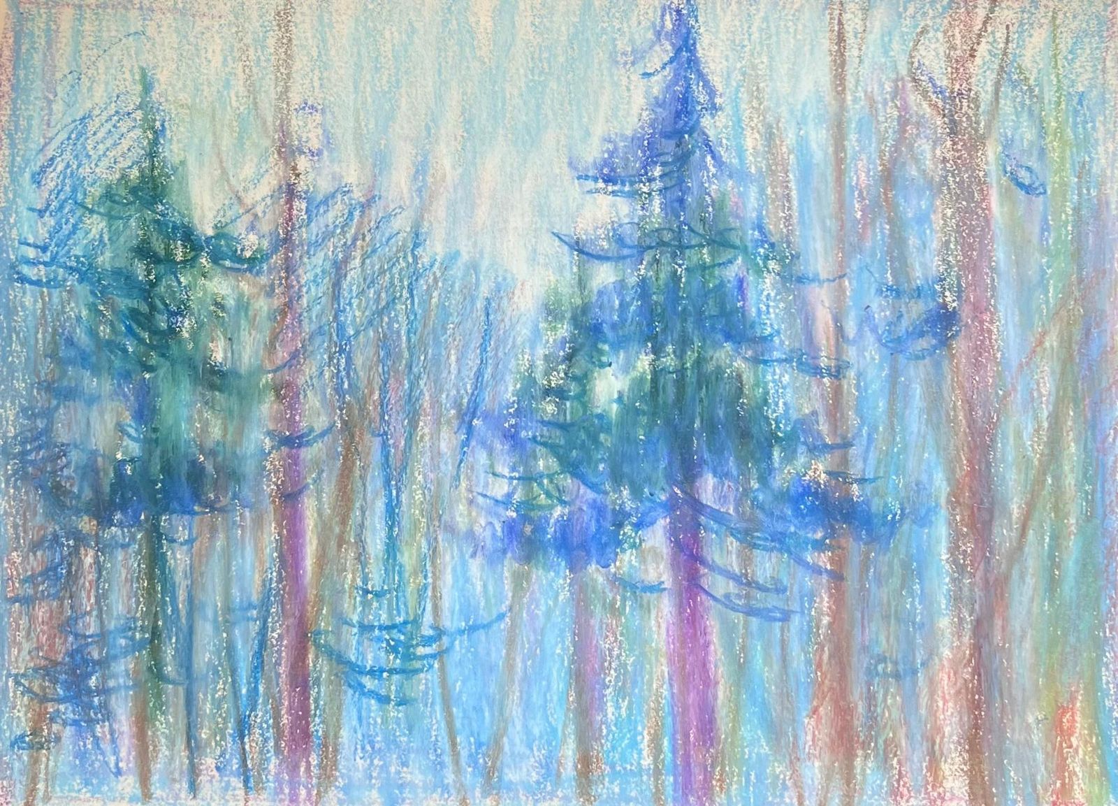 Akos Biro20th Century French Expressionist Tall Pine Tress In Moonlight Blue Forest