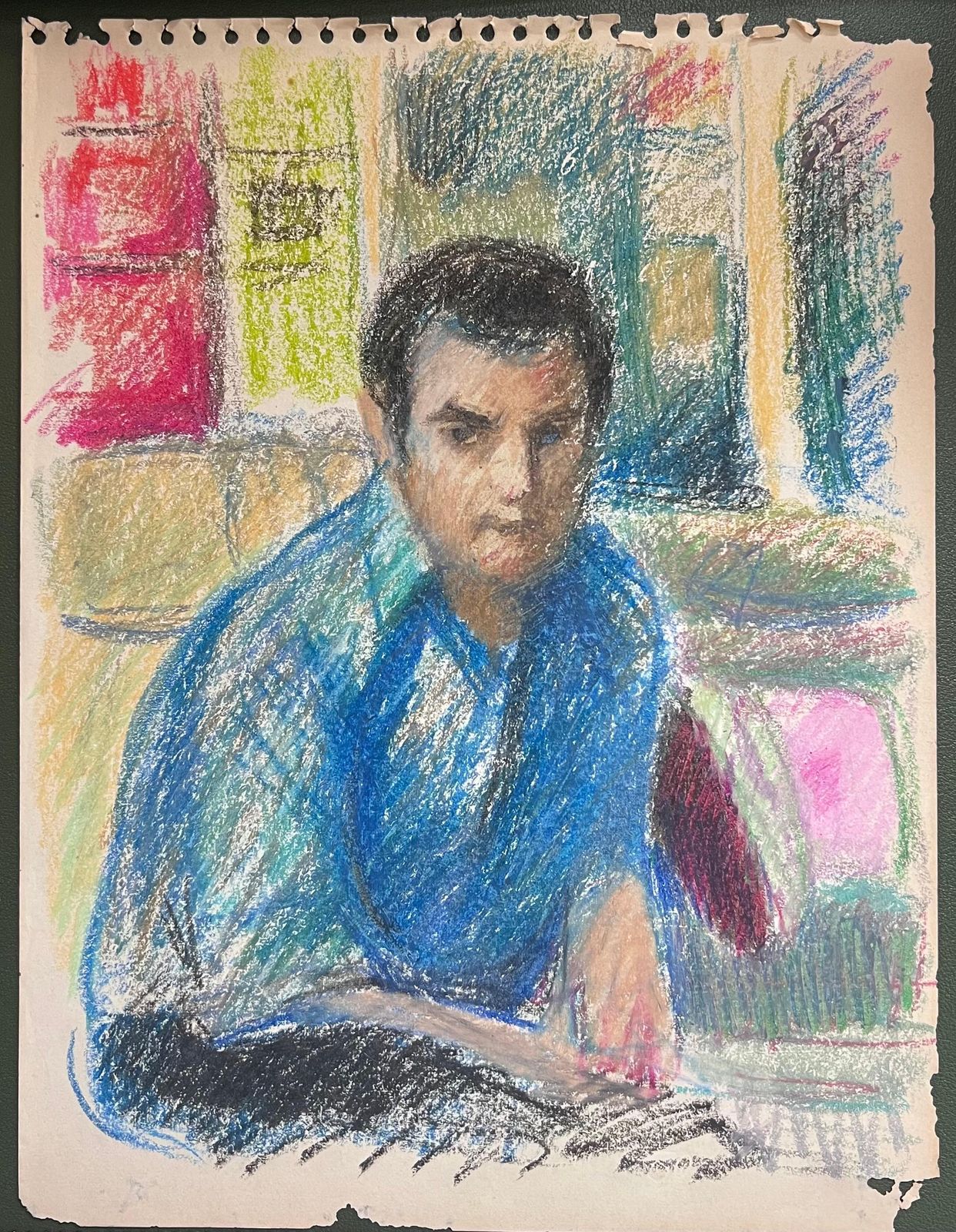 Akos Biro20th Century French Expressionist Portrait Of Man In Bright Blue Pastel Shirt photo furniture
