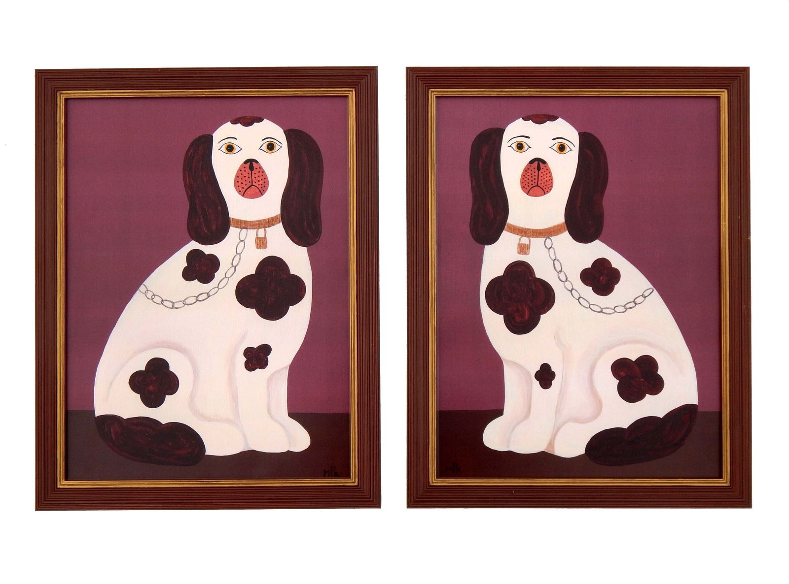 Naive Staffordshire Dog Fine Art Print, Folk Art – Right Facing Spaniel On Mantle   Dusky Pink   By Matt Rix In Hand Painted Frame, Signed photo 180.0