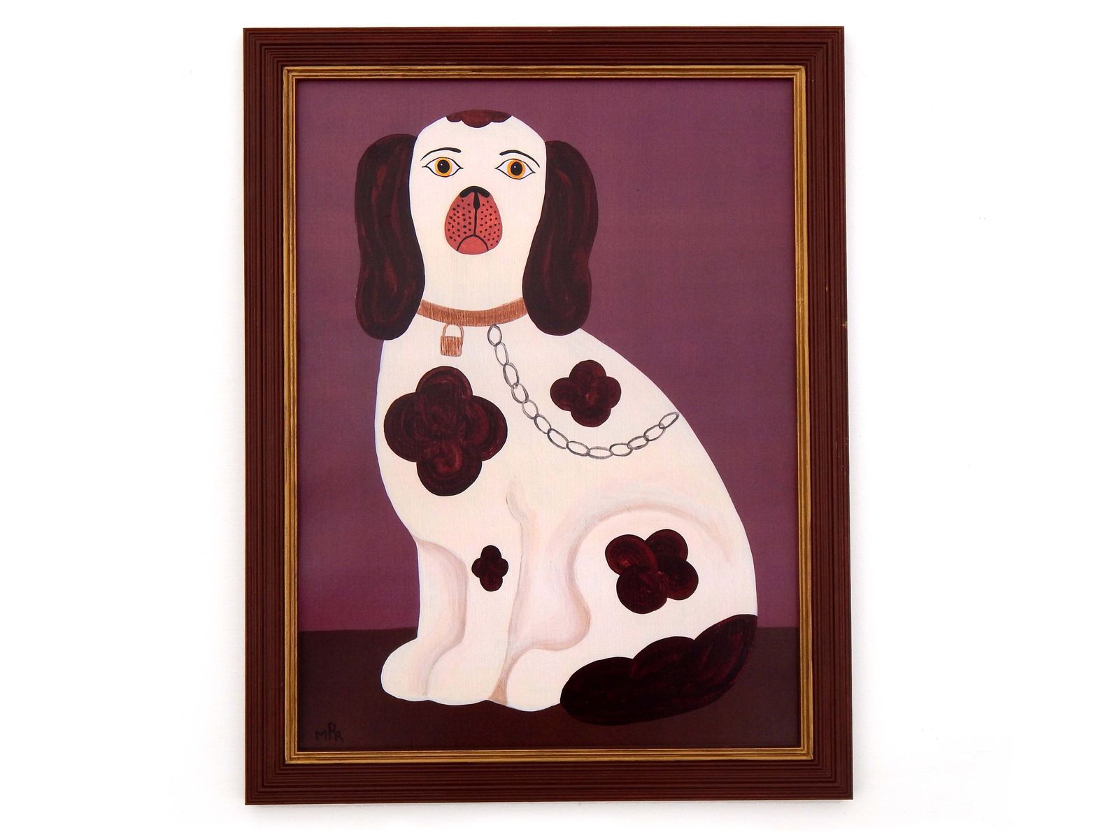 Naive Staffordshire Dog Fine Art Print, Folk Art – Left Facing Spaniel On Mantle   Dusky Pink   By Matt Rix In Hand Painted Frame, Signed